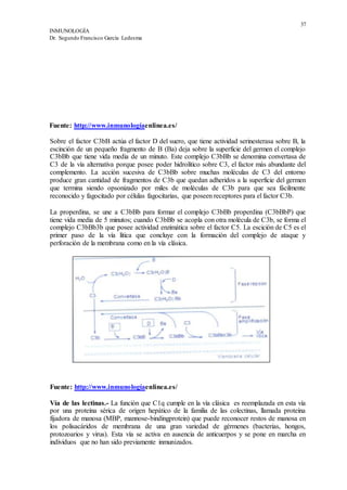 37
INMUNOLOGÍA
Dr. Segundo Francisco García Ledesma
Fuente: http://www.inmunologíaenlinea.es/
Sobre el factor C3bB actúa el factor D del suero, que tiene actividad serinesterasa sobre B, la
escinción de un pequeño fragmento de B (Ba) deja sobre la superficie del germen el complejo
C3bBb que tiene vida media de un minuto. Este complejo C3bBb se denomina convertasa de
C3 de la vía alternativa porque posee poder hidrolítico sobre C3, el factor más abundante del
complemento. La acción sucesiva de C3bBb sobre muchas moléculas de C3 del entorno
produce gran cantidad de fragmentos de C3b que quedan adheridos a la superficie del germen
que termina siendo opsonizado por miles de moléculas de C3b para que sea fácilmente
reconocido y fagocitado por células fagocitarias, que poseen receptores para el factor C3b.
La properdina, se une a C3bBb para formar el complejo C3bBb properdina (C3bBbP) que
tiene vida media de 5 minutos; cuando C3bBb se acopla con otra molécula de C3b, se forma el
complejo C3bBb3b que posee actividad enzimática sobre el factor C5. La escición de C5 es el
primer paso de la vía lítica que concluye con la formación del complejo de ataque y
perforación de la membrana como en la vía clásica.
Fuente: http://www.inmunologíaenlinea.es/
Vía de las lectinas.- La función que C1q cumple en la vía clásica es reemplazada en esta vía
por una proteína sérica de origen hepático de la familia de las colectinas, llamada proteína
fijadora de manosa (MBP, mannose-bindingprotein) que puede reconocer restos de manosa en
los polisacáridos de membrana de una gran variedad de gérmenes (bacterias, hongos,
protozoarios y virus). Esta vía se activa en ausencia de anticuerpos y se pone en marcha en
individuos que no han sido previamente inmunizados.
 