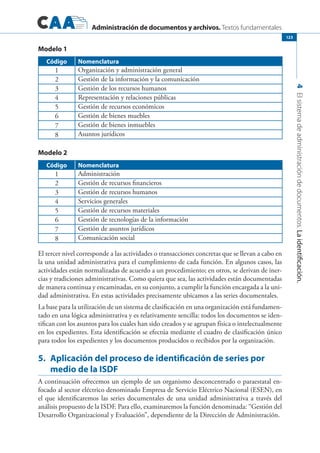 Administración de documentos y archivos. Textos fundamentales
4Elsistemadeadministracióndedocumentos.Laidentificación.
123
Modelo 1
Código Nomenclatura
1 Organización y administración general
2 Gestión de la información y la comunicación
3 Gestión de los recursos humanos
4 Representación y relaciones públicas
5 Gestión de recursos económicos
6 Gestión de bienes muebles
7 Gestión de bienes inmuebles
8 Asuntos jurídicos
Modelo 2
Código Nomenclatura
1 Administración
2 Gestión de recursos financieros
3 Gestión de recursos humanos
4 Servicios generales
5 Gestión de recursos materiales
6 Gestión de tecnologías de la información
7 Gestión de asuntos jurídicos
8 Comunicación social
El tercer nivel corresponde a las actividades o transacciones concretas que se llevan a cabo en
la una unidad administrativa para el cumplimiento de cada función. En algunos casos, las
actividades están normalizadas de acuerdo a un procedimiento; en otros, se derivan de iner-
cias y tradiciones administrativas. Como quiera que sea, las actividades están documentadas
de manera continua y encaminadas, en su conjunto, a cumplir la función encargada a la uni-
dad administrativa. En estas actividades precisamente ubicamos a las series documentales.
La base para la utilización de un sistema de clasificación en una organización está fundamen-
tado en una lógica administrativa y es relativamente sencilla: todos los documentos se iden-
tifican con los asuntos para los cuales han sido creados y se agrupan física o intelectualmente
en los expedientes. Esta identificación se efectúa mediante el cuadro de clasificación único
para todos los expedientes y los documentos producidos o recibidos por la organización.
5.	 Aplicación del proceso de identificación de series por
medio de la ISDF
A continuación ofrecemos un ejemplo de un organismo desconcentrado o paraestatal en-
focado al sector eléctrico denominado Empresa de Servicio Eléctrico Nacional (ESEN), en
el que identificaremos las series documentales de una unidad administrativa a través del
análisis propuesto de la ISDF. Para ello, examinaremos la función denominada: “Gestión del
Desarrollo Organizacional y Evaluación”, dependiente de la Dirección de Administración.
 