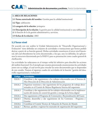 Administración de documentos y archivos. Textos fundamentales
4Elsistemadeadministracióndedocumentos.Laidentificación.
127
3. AREA DE RELACIONES
3.1 Forma autorizada del nombre: Gestión para la calidad institucional.
3.2 Tipo: subfunción
3.3 categoría de la relación: jerárquica
3.4 Descripción de la relación: la gestión para la calidad institucional es una subfunción
de la función de la de gestión administrativa y servicios.
3.5 fechas de la relación: 2002
5.3 Tercer nivel
De acuerdo con este análisis la Unidad Administrativa de “Desarrollo Organizacional y
Evaluación” tiene definidas un conjunto de actividades o transacciones que hemos podido
derivar a partir de su función general. Dichas actividades constituyen el tercer nivel funcio-
nal, del cual obtendremos las series documentales, a las que, una vez definidas, les aplicare-
mos la estructura determinada por la ISAD G para su presentación como cuadro general de
clasificación.
Las actividades las redactamos en el tiempo verbal de infinitivo para describir las acciones
del análisis funcional. En el ejemplo que estamos presentando enumeraremos las actividades
junto con su código, el cual servirá para vincular las series documentales que se desprendan
de este estudio. Veamos el siguiente cuadro de actividades de la función “gestión del desa-
rrollo organizacional y evaluación”:
Código Actividades
DA/8.1 Coordinar y dar seguimiento a los trabajos relacionados con el Sistema de
Alta Dirección de la Dirección de Administración
DA/8.2 Organizar reuniones y dar seguimiento de los programas de trabajo deter-
minados en el Comité de Mejora Regulatoria Interna del organismo
DA/8.3 Coordinar y dar seguimiento de los trabajos relacionados con la implemen-
tación del sistema de control de gestión y entrega de la firma digital
DA/8.4 Dar seguimiento al Programa de Contención y Racionalización del Gasto
DA/8.5 Diseñar, desarrollar y dar seguimiento de los Contratos - Programa y
Gestión
DA/8.6 Coordinar el Comité Técnico de Valuación de Puestos de Mando
DA/8.7 Revisar, aprobar y registrar los manuales de organización del organismo
 