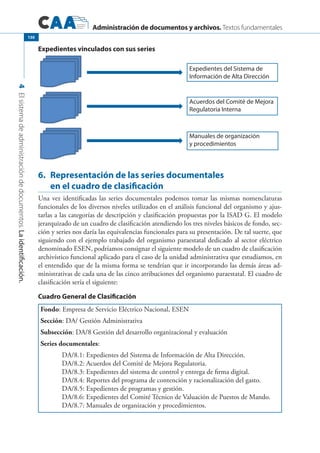 Administración de documentos y archivos. Textos fundamentales
4Elsistemadeadministracióndedocumentos.Laidentificación.
130
Expedientes vinculados con sus series
Expedientes del Sistema de
Información de Alta Dirección
Acuerdos del Comité de Mejora
Regulatoria Interna
Manuales de organización
y procedimientos
6.	 Representación de las series documentales
en el cuadro de clasificación
Una vez identificadas las series documentales podemos tomar las mismas nomenclaturas
funcionales de los diversos niveles utilizados en el análisis funcional del organismo y ajus-
tarlas a las categorías de descripción y clasificación propuestas por la ISAD G. El modelo
jerarquizado de un cuadro de clasificación atendiendo los tres niveles básicos de fondo, sec-
ción y series nos daría las equivalencias funcionales para su presentación. De tal suerte, que
siguiendo con el ejemplo trabajado del organismo paraestatal dedicado al sector eléctrico
denominado ESEN, podríamos consignar el siguiente modelo de un cuadro de clasificación
archivístico funcional aplicado para el caso de la unidad administrativa que estudiamos, en
el entendido que de la misma forma se tendrían que ir incorporando las demás áreas ad-
ministrativas de cada una de las cinco atribuciones del organismo paraestatal. El cuadro de
clasificación sería el siguiente:
Cuadro General de Clasificación
Fondo: Empresa de Servicio Eléctrico Nacional, ESEN
Sección: DA/ Gestión Administrativa
Subsección: DA/8 Gestión del desarrollo organizacional y evaluación
Series documentales:
DA/8.1: Expedientes del Sistema de Información de Alta Dirección.
DA/8.2: Acuerdos del Comité de Mejora Regulatoria.
DA/8.3: Expedientes del sistema de control y entrega de firma digital.
DA/8.4: Reportes del programa de contención y racionalización del gasto.
DA/8.5: Expedientes de programas y gestión.
DA/8.6: Expedientes del Comité Técnico de Valuación de Puestos de Mando.
DA/8.7: Manuales de organización y procedimientos.
 
