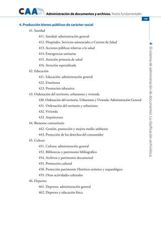 Administración de documentos y archivos. Textos fundamentales
4Elsistemadeadministracióndedocumentos.Laclasificaciónarchivística.
149
4. Producción bienes públicos de carácter social
	 41. Sanidad	
		 411. Sanidad: administración general		
		 412. Hospitales, Servicios asistenciales y Centros de Salud	
		 413. Acciones públicas relativas a la salud		
		 414. Emergencias sanitarias		
		 415. Atención primaria de salud		
		 416. Atención especializada		
	 42. Educación	
		 421. Educación: administración general		
		 422. Enseñanza		
		 423. Promoción educativa		
	 43. Ordenación del territorio, urbanismo y vivienda	
		 430. Ordenación del territorio, Urbanismo y Vivienda: Administración General
		 431. Ordenación del territorio y urbanismo		
		 432. Vivienda		
		 433. Arquitectura		
	 44. Bienestar comunitario	
		 442. Gestión, protección y mejora medio ambiente		
		 443. Protección de los derechos del consumidor		
	 45. Cultura	
		 451. Cultura: administración general		
		 452. Bibliotecas y patrimonio bibliográfico		
		 454. Archivos y patrimonio documental		
		 455. Promoción cultural		
		 458. Protección patrimonio Histórico-artístico y arqueológico
		 459. Otras actividades culturales		
	 46. Deportes	
		 461. Deportes: administración general		
		 462. Deportes y educación física	
	
 