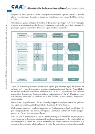 Administración de documentos y archivos. Textos fundamentales
4Elsistemadeadministracióndedocumentos.Adescriçãoarquivística.
198
surgindo de forma paulatina. Assim, o conjunto completo de ligações a criar e o modelo
global proposto para a descrição só podem ser completados com a saída da última norma:
a ISDF.
No entanto, a grande vantagem do modelo de descrição proposto pelo ICA reside na criação
e manutenção autonomizada das descrições da documentação e dos respectivos contextos de
produção, segundo um modelo do tipo do representado no quadro 6:
Assim, os diferentes produtores podem estar ligados por diferentes tipos de relações. O
produtor n.º 1, que desempenhava um determinado conjunto de funções / actividades,
foi extinto, tendo-lhe sucedido os produtores n.º 2 e n.º 3. Assinalam-se, pois, relações
cronológicas de antecessor / sucessores, já que os produtores n.º 2 e n.º 3 herdaram parte
das funções / actividades do produtor n.º 1. Tais funções / actividades têm, dessa forma,
continuidade.
Por seu turno, os produtores n.º 2 e n.º 3 estão ligados por uma relação associativa, qualquer
que seja a sua natureza, detendo actividades de uma ou de várias funções.
Cada um dos produtores produziu ou produz um fundo documental próprio. O do n.º 1,
por o seu produtor ter sido extinto, corresponde a um fundo fechado. Os fundos dos pro-
dutores n.º 2 e n.º 3 encontram-se abertos.
Uma vez que os produtores n.º 2 e n.º 3 herdaram funções / actividades do produtor n.º
1, receberam parte da documentação por ele produzida, para poderem dar continuidade ao
seu desempenho. Continuam a existir, no entanto, três fundos distintos, encontrando-se a
respectiva documentação relacionada entre si: várias das séries documentais produzidas pelo
 