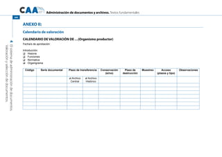 Administración de documentos y archivos. Textos fundamentales
4Elsistemadeadministracióndedocumentos.	
Valoraciónyseleccióndedocumentos.
268
ANEXO II:
Calendario de valoración
CALENDARIO DE VALORACIÓN DE …(Organismo productor)
Fecha/s de aprobación:
Introducción:
Historia	
Funciones	
Normativa	
Organigrama	
Código Serie documental Plazo de transferencia Conservación
(si/no)
Plazo de
destrucción
Muestreo Acceso
(plazos y tipo)
Observaciones
al Archivo
Central
al Archivo
Histórico
 
