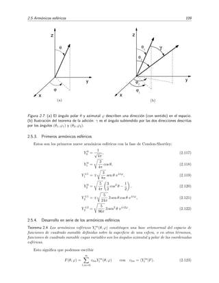 2.5 Arm´onicos esf´ericos 109
ϕ
θ
[

]
(a)
ϕ2
θ2
ϕ1
θ1
[

]
γγ
(b)
Figura 2.7: (a) El ´angulo polar θ y azimutal ϕ describen una direcci´on (con sentido) en el espacio.
(b) Ilustraci´on del teorema de la adici´on: γ es el ´angulo subtendido por las dos direcciones descritas
por los ´angulos (θ1, ϕ1) y (θ2, ϕ2).
2.5.3. Primeros arm´onicos esf´ericos
Estos son los primeros nueve arm´onicos esf´ericos con la fase de Condon-Shortley:
Y 0
0 =
1
√
4π
, (2.117)
Y 0
1 =
3
4π
cos θ, (2.118)
Y ±1
1 =
3
8π
sen θ e±iϕ
, (2.119)
Y 0
2 =
5
4π
3
2
cos2
θ −
1
2
, (2.120)
Y ±1
2 =
5
24π
3 sen θ cos θ e±iϕ
, (2.121)
Y ±2
2 =
5
96π
3 sen2
θ e±i2ϕ
. (2.122)
2.5.4. Desarrollo en serie de los arm´onicos esf´ericos
Teorema 2.4 Los arm´onicos esf´ericos Y m
l (θ, ϕ) constituyen una base ortonormal del espacio de
funciones de cuadrado sumable deﬁnidas sobre la superﬁcie de una esfera, o en otros t´erminos,
funciones de cuadrado sumable cuyas variables son los ´angulos azimutal y polar de las coordenadas
esf´ericas.
Esto signiﬁca que podemos escribir
F(θ, ϕ) =
∞
l,m=0
clmY m
l (θ, ϕ) con clm = Y m
l |F . (2.123)
 
