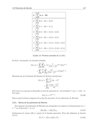 2.6 Polinomios de Hermite 117
n
[n/2]
k=0
(n, n − 2k)
0
0
k=0
(0, 0 − 2k) = (0, 0)
1
0
k=0
(1, 1 − 2k) = (1, 1)
2
1
k=0
(2, 2 − 2k) = (2, 2) + (2, 0)
3
1
k=0
(3, 3 − 2k) = (3, 3) + (3, 1)
4
2
k=0
(4, 4 − 2k) = (4, 4) + (4, 2) + (4, 0)
5
2
k=0
(5, 5 − 2k) = (5, 5) + (5, 3) + (5, 1)
Cuadro 2.3: Primeros sumandos de (2.142b)
Es decir, retornando a la notaci´on est´andar,
G(x, t) =
∞
m=0
m
j=0
(−1)j 1
j! (m − j)!
tm+j
(2x)m−j
=
∞
m=0
tm
m!
m
j=0
m!
j! (m − j)!
(−t)j
(2x)m−j
.
Haciendo uso de la f´ormula del binomio de Newton encontramos
G(x, t) =
∞
m=0
tm
m!
(2x − t)m
=
∞
m=0
t (2x − t)
m
m!
.
Pero esto no es m´as que el desarrollo en serie de potencias de z de la funci´on ez con z = t(2x−t).
Por tanto
G(x, t) = et(2x−t)
. (2.146)
Esta es pues la forma compacta de la funci´on generatriz de los polinomios de Hermite.
2.6.5. Norma de los polinomios de Hermite
Por supuesto, los polinomios de Hermite son ortogonales con respecto a la funci´on peso r(x) =
e−x2
en el intervalo (−∞, ∞):
Hm|Hn = Hn
2
δmn. (2.147)
Evaluaremos la norma Hn a partir de la funci´on generatriz. Para ello deﬁnimos la funci´on
I(t, t ):
I(t, t ) = G(x, t)|G(x, t ) . (2.148)
 