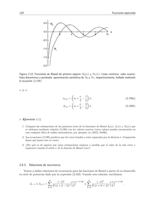 134 Funciones especiales
2 4 6 8 10
-2.0
-1.5
-1.0
-0.5
0.0
0.5
x
N1
N0
Figura 2.12: Funciones de Bessel de primera especie N0(x) y N1(x). L´ınea continua: valor exacto;
l´ınea discontinua y punteada: aproximaci´on asint´otica de N0 y N1, respectivamente, hallada mediante
la ecuaci´on (2.198)
x ν:
ανm ∼ m +
ν
2
−
1
4
π, (2.199a)
βνm ∼ m +
ν
2
−
3
4
π. (2.199b)
Ejercicio 2.14
1. Compara las estimaciones de los primeros ceros de la funciones de Bessel J0(x), J1(x) y N0(x) que
se obtienen mediante relaci´on (2.199) con los valores exactos (estos valores puedes encontrarlos en
casi cualquier libro de tablas matem´aticas, por ejemplo, en [AS72, SA96]).
2. Las ecuaciones (2.199) predicen que los ceros tienden a estar separados por la distacia π. Comprueba
hasta qu´e punto esto es cierto.
3. ¿Por qu´e es de esperar que estas estimaciones mejoren a medida que el valor de la ra´ız crece y
empeoren cuando el orden ν de la funci´on de Bessel crece?
2.8.3. Relaciones de recurrencia
Vamos a hallar relaciones de recurrencia para las funciones de Bessel a partir de su desarrollo
en serie de potencias dado por la expresi´on (2.182). Usando esta relaci´on, escribimos:
Jν−1 ± Jν+1 =
∞
k=0
(−1)k
k! (ν + k − 1)!
x
2
ν−1+2k
±
∞
k=0
(−1)k
k! (ν + k + 1)!
x
2
ν+1+2k
.
 
