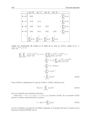 140 Funciones especiales
m = 0 m = 1 m = 2 m = 3 · · ·
k = 0 (0,0) →
0
m=0
(0, m)
k = 1 (1,0) (1,1) →
1
m=0
(1, m)
k = 2 (2,0) (2,1) (2,2) →
2
m=0
(2, m)
k = 3 (3,0) (3,1) (3,2) (3,3) →
3
m=0
(3, m)
... ↓ ↓ ↓ ↓
∞
k=0
(k, 0)
∞
k=1
(k, 1)
∞
k=2
(k, 2)
∞
k=3
(k, 3)
Cuadro 2.5: Justiﬁcaci´on del cambio en el orden de la suma en (2.214), siendo (k, m) ≡
(−1)m
k! m!
x
2
m+k
t−(m−k).
∞
k=0
∞
m=k+1
(−1)m
k! m!
x
2
m+k
t−(m−k)
=
∞
k=0
∞
n=1
(−1)n+k
k! (k + n)!
x
2
2k+n
t−n
=
∞
n=1
t−n
(−1)n
∞
k=0
(−1)k
k! (k + n)!
x
2
2k+n
=
∞
n=1
t−n
(−1)n
Jn(x)
=
∞
n=1
J−n(x)t−n
=
−∞
n=−1
Jn(x)tn
(2.216)
Como (2.213) es simplemente la suma de (2.215) y (2.216), deducimos que
G(x, t) =
∞
n=−∞
Jn(x)tn
, (2.217)
que es la expresi´on que quer´ıamos demostrar.
Como G(x, t = 1) = 1 y Jn(x) = (−1)nJ−n(x) [ecuaci´on (2.184)], de la expresi´on (2.217)
anterior se deduce inmediatamente la relaci´on
1 = J0(x) + 2
∞
n=1
J2n(x), (2.218)
la cual es utilizada en el algoritmo de Miller (empleado en el ejemplo 2.8) para el c´omputo de las
funciones de Bessel [PFT93, cap. 6].
 