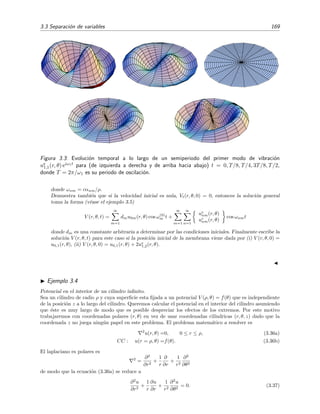 3.3 Separaci´on de variables 169
Figura 3.3: Evoluci´on temporal a lo largo de un semiperiodo del primer modo de vibraci´on
uc
1,1(r, θ) eiω1t para (de izquierda a derecha y de arriba hacia abajo) t = 0, T/8, T/4, 3T/8, T/2,
donde T = 2π/ω1 es su periodo de oscilaci´on.
donde ωnm = cαnm/ρ.
Demuestra tambi´en que si la velocidad inicial es nula, Vt(r, θ, 0) = 0, entonces la soluci´on general
toma la forma (v´ease el ejemplo 3.5)
V (r, θ, t) =
∞
m=1
dmu0m(r, θ) cos ω(0)
m t +
∞
m=1
∞
n=1
us
nm(r, θ)
uc
nm(r, θ)
cos ωnmt
donde dm es una constante arbitraria a determinar por las condiciones iniciales. Finalmente escribe la
soluci´on V (r, θ, t) para este caso si la posici´on inicial de la membrana viene dada por (i) V (r, θ, 0) =
u0,1(r, θ), (ii) V (r, θ, 0) = u0,1(r, θ) + 2us
1,2(r, θ).
Ejemplo 3.4
Potencial en el interior de un cilindro inﬁnito.
Sea un cilindro de radio ρ y cuya superﬁcie esta ﬁjada a un potencial V (ρ, θ) = f(θ) que es independiente
de la posici´on z a lo largo del cilindro. Queremos calcular el potencial en el interior del cilindro asumiendo
que ´este es muy largo de modo que es posible despreciar los efectos de los extremos. Por este motivo
trabajaremos con coordenadas polares (r, θ) en vez de usar coordenadas cil´ındricas (r, θ, z) dado que la
coordenada z no juega ning´un papel en este problema. El problema matem´atico a resolver es
2
u(r, θ) =0, 0 ≤ r ≤ ρ, (3.36a)
CC : u(r = ρ, θ) =f(θ). (3.36b)
El laplaciano es polares es
2
=
∂2
∂r2
+
1
r
∂
∂r
+
1
r2
∂2
∂θ2
de modo que la ecuaci´on (3.36a) se reduce a
∂2
u
∂r2
+
1
r
∂u
∂r
+
1
r2
∂2
u
∂θ2
= 0. (3.37)
 