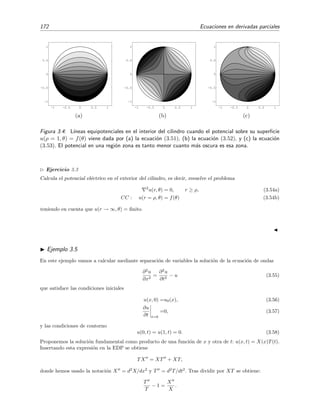 172 Ecuaciones en derivadas parciales
-1 -0.5 0 0.5 1
-1
-0.5
0
0.5
1
(a)
-1 -0.5 0 0.5 1
-1
-0.5
0
0.5
1
(b)
-1 -0.5 0 0.5 1
-1
-0.5
0
0.5
1
(c)
Figura 3.4: L´ıneas equipotenciales en el interior del cilindro cuando el potencial sobre su superﬁcie
u(ρ = 1, θ) = f(θ) viene dada por (a) la ecuaci´on (3.51), (b) la ecuaci´on (3.52), y (c) la ecuaci´on
(3.53). El potencial en una regi´on zona es tanto menor cuanto m´as oscura es esa zona.
Ejercicio 3.3
Calcula el potencial el´ectrico en el exterior del cilindro, es decir, resuelve el problema
2
u(r, θ) = 0, r ≥ ρ, (3.54a)
CC : u(r = ρ, θ) = f(θ) (3.54b)
teniendo en cuenta que u(r → ∞, θ) = ﬁnito.
Ejemplo 3.5
En este ejemplo vamos a calcular mediante separaci´on de variables la soluci´on de la ecuaci´on de ondas
∂2
u
∂x2
=
∂2
u
∂t2
− u (3.55)
que satisface las condiciones iniciales
u(x, 0) =u0(x), (3.56)
∂u
∂t t=0
=0, (3.57)
y las condiciones de contorno
u(0, t) = u(1, t) = 0. (3.58)
Proponemos la soluci´on fundamental como producto de una funci´on de x y otra de t: u(x, t) = X(x)T(t).
Insertando esta expresi´on en la EDP se obtiene
TX = XT + XT,
donde hemos usado la notaci´on X = d2
X/dx2
y T = d2
T/dt2
. Tras dividir por XT se obtiene:
T
T
− 1 =
X
X
.
 