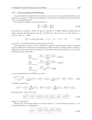 260 M´etodos num´ericos
’Programa EDPCRANK
DEF fngauss (x, t) = EXP(-20 * (x - .5) ^ 2 / (1 + 80 * t)) / SQR(1 + 80 * t)
DEF fnexacta (x, t) = fngauss(x, t) - fngauss(x - 1, t) - fngauss(x + 1, t)
CLS
n = 30 ’numero de puntos (escojase par)
DIM u(n), alfa(n), beta(n), gamma(n), b(n)
ix = 1 / n
dt = .01 ’ dt=constante difusiva*discretizado temporal
itmax = 10 ’ numero maximo de iteraciones
saltot = 2 ’ mostraremos los resultados cada saltot iteraciones
s = dt / ix ^ 2
PRINT dt=; dt; , dx; ix; , S=; s
PRINT numero de pasos=; itmax; , t final=; itmax * dt
PRINT
PRINT Errores en punto medio para varios tiempos:
t = 0
u(0) = 0: u(n) = 0
FOR i = 1 TO n - 1
u(i) = fnexacta(i * ix, 0)
NEXT i
amas = -s: amenos = amas: acero = 2 + 2 * s
alfa(n - 1) = 0: gamma(n - 1) = -1 / acero
FOR i = n - 1 TO 1 STEP -1
alfa(i - 1) = gamma(i) * amenos
gamma(i - 1) = -1 / (acero + amas * alfa(i - 1))
NEXT i
FOR it = 1 TO itmax
beta(n - 1) = u(n)
FOR i = n - 1 TO 1 STEP -1
b(i) = s * u(i - 1) + 2 * (1 - s) * u(i) + s * u(i + 1)
beta(i - 1) = gamma(i) * (amas * beta(i) - b(i))
NEXT i
u(0) = 0
FOR i = 1 TO n - 1
u(i + 1) = alfa(i) * u(i) + beta(i)
NEXT i
IF it MOD saltot = 0 THEN
t = dt * it
dif = fnexacta(ix * n / 2, t) - u(n / 2)
PRINT USING tiempo=#.######, error=#.#########; t; dif
END IF
NEXT it
PRINT
PRINT USING Valores para varias posiciones en el tiempo=#.######; t
FOR i = 1 TO n - 1
IF i MOD 5 = 0 THEN
exacto = fnexacta(i * ix, t)
PRINT USING u(##)=#.####^^^^, exacta=#.####^^^^; i; u(i); exacto
END IF
NEXT i
Los resultados obtenidos con el programa para distintas elecciones de ∆x y ∆t son:
1. ∆x = 1/30 y ∆t = 0 0005 (luego S = 0 45):
dt= .0005 , dx 3.333334E-02 , S= .45
 