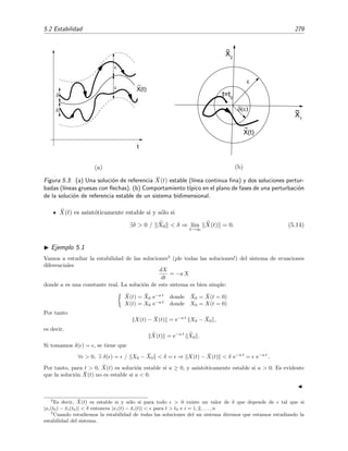 276 Ecuaciones diferenciales y sistemas no lineales. Estabilidad
m´etodo de separaci´on de variables, soluci´on del problema de Sturm-Liouville como desarrollo en
autofunciones.
Hasta ahora, cuando nos enfrent´abamos con un problema diferencial (lineal), nuestro objetivo
casi ´unico era hallar una soluci´on expl´ıcita. Sin embargo, este modo de atacar los problemas
fracasar´a, casi con total seguridad, cuando se emplee en los problemas no lineales ya que son
pocos, muy pocos, los que tienen soluci´on expl´ıcita conocida. En este cap´ıtulo mostraremos
ejemplos de dos modos distintos de abordar estos problemas:
1. En el primero se busca informaci´on cualitativa sobre el comportamiento global de las solu-
ciones. Nosotros nos centraremos especialmente sobre el problema de caracterizar la estabi-
lidad de las soluciones y el estudio del comportamiento de las soluciones en las vecindades
de ciertos puntos (los llamados puntos cr´ıticos).
2. En el segundo modo se buscan soluciones aproximadas del problema no lineal. Ilustraremos
este procedimiento con los m´etodos de balance arm´onico y de Krylov-Bogoliubov.
5.2. Estabilidad
En sistemas f´ısicos reales es a menudo crucial saber si el comportamiento del sistema es es-
table, esto es, si peque˜nos cambios en las condiciones iniciales provocan cambios sustanciales en
su comportamiento. N´otese que en los sistemas reales siempre existen ruidos, peque˜nas pertur-
baciones, que hacen que las condiciones iniciales no est´en bien deﬁnidas. Adem´as, todos somos
conscientes de que no es posible determinar con precisi´on absoluta cu´al es el estado inicial de un
sistema f´ısico real. Por ello es importante saber si el comportamiento de este sistema es sensible
a peque˜nas variaciones de las condiciones iniciales.
En esta secci´on estudiaremos procedimientos que nos permitan determinar la estabilidad de
las soluciones de un sistema de ecuaciones diferenciales ordinarias.
5.2.1. Deﬁniciones previas
Sea un sistema de n ecuaciones diferenciales de primer orden1 que escribiremos bien as´ı:
dxi
dt
= fi(x1, x2, . . . , xn; t), i = 1, 2, . . . , n (5.1)
o bien, de un modo m´as compacto, as´ı:
dX
dt
= F(X, t) (5.2)
donde
X ≡ (x1, x2, . . . , xn) ,
F(X, t) ≡ (f1(X, t), f2(X, t), . . . , fn(X, t)) ,
y
fj(X, t) ≡ fj(x1, x2, . . . , xn, t) .
1
En ocasiones, para abreviar, nos referiremos a este sistema diciendo que es un sistema n dimensional.
 