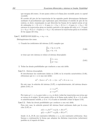 5.3 Estabilidad de sistemas lineales 289
 %

[$

 %

[$


[
Figura 5.5: Trayectorias en el plano de
fases para el nodo estable.
 %

[$

 %

[$


[
Figura 5.6: Trayectorias en el plano de
fases para el nodo inestable.
Caso A-3. Ra´ıces reales, distintas y de signos opuestos: m1  0  m2.
En este caso la soluci´on general sigue siendo de la forma (5.51). Existen tres clases de
trayectorias:
Cuando c2 = 0 se tiene que
x(t) = c1A1 em1t
y(t) = c1B1 em1t ⇒ y =
B1
A1
x, (5.55)
es decir, la trayectoria es una l´ınea recta de pendiente B1/A1 que pasa por el
origen. Esta trayectoria apunta hacia hacia el origen pues m1  0 implica que
x(t) e y(t) tienden a cero cuando t aumenta.
Cuando c1 = 0 se tiene
y =
B2
A2
x, (5.56)
es decir, la trayectoria es una l´ınea recta de pendiente B2/A2 que pasa por el
origen. Esta trayectoria apunta hacia hacia afuera del origen pues m2  0.
En general, cuando c1 = 0 y c2 = 0 las trayectorias vienen dadas por
y
x
=
c1B1 em1t +c2B2 em2t
c1A1 em1t +c2A2 em2t
. (5.57)
Pero
l´ım
t→∞
y
x
=
B2
A2
,
l´ım
t→−∞
y
x
=
B1
A1
,
dado que m1  0  m2. Por tanto encontramos que las trayectorias son curvas
que “vienen” asint´oticamente de la recta y/x = B1/A1 (es decir, que tienden hacia
esta recta para t decrecientes) y tienden asint´oticamente a la recta y/x = B2/A2
con t creciente. A este tipo de punto cr´ıtico se le llama punto de silla (v´ease la
ﬁgura 5.7). Este punto es, por supuesto, inestable.
 
