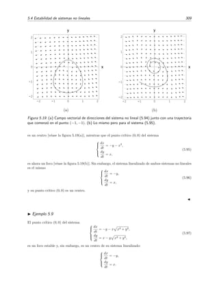 306 Ecuaciones diferenciales y sistemas no lineales. Estabilidad
Ejemplo 5.7
Vamos a determinar el tipo y estabilidad de todos los puntos cr´ıticos de este sistema no lineal:
dx
dt
= 8x − y2
,
dy
dt
= −6y + 6x2
.
(5.82)
Las coordenadas (x, y) de los puntos cr´ıticos han de satisfacer el sistema de ecuaciones algebraicas
8x − y2
= 0,
−6y + 6x2
= 0.
(5.83)
Despejando la ordenada y, descubrimos que la abscisa x de los puntos cr´ıticos ha de ser soluci´on de la
ecuaci´on
x (2 − x) (4 + 2x + x2
) = 0.
Esta ecuaci´on posee ´unicamente dos ra´ıces reales: x = 0 y x = 2. Las ordenadas y de los puntos cr´ıticos
se obtienen sustituyendo estas ra´ıces en cualquiera de las ecuaciones del sistema (5.83). De este modo
obtenemos los puntos cr´ıticos P1 = (0, 0) y P2 = (2, 4).
An´alisis del punto cr´ıtico P1 = (0, 0)
Empezamos construyendo el sistema linealizado del sistema original (5.82) en torno al punto P1 = (0, 0):
dx
dt
= 8x,
dy
dt
= −6y.
Es f´acil darse cuenta que el sistema (5.82) tiene la forma del sistema (5.73) y que veriﬁca las tres condiciones
(v´ease la p´agina 301) que hacen que P1 = (0, 0) sea un punto cr´ıtico simple. Su ecuaci´on caracter´ıstica
8 − m 0
0 −6 − m
= m2
− 2m − 48 = 0,
tiene por ra´ıces a m1 = 8 y m2 = −6, que son reales, distintas y de signo contrario, por lo que el punto
cr´ıtico P1 = (0, 0) del sistema no lineal (5.82) es, seg´un el teorema 5.2, un punto de silla y, por tanto,
inestable.
An´alisis del punto cr´ıtico P2 = (2, 4)
Vamos ahora a estudiar el tipo y la estabilidad del punto cr´ıtico P2 = (2, 4). Para ello utilizamos un nuevo
sistema de coordenadas (ζ, η) que se relaciona con el anterior mediante las ecuaciones
ζ = x − 2,
η = y − 4.
(5.84)
De este modo, el punto cr´ıtico P2 = (x = 2, y = 4) queda situado en el origen P2 = (ζ = 0, η = 0) del
nuevo sistema de coordenadas. Insertando (5.84) en (5.82), expresamos el sistema no lineal original en
t´erminos de las nuevas coordenadas:



dζ
dt
= 8ζ − 8η − η2
,
dη
dt
= 24ζ − 6η + 6ζ2
.
(5.85)
Este sistema es de la forma (5.73), y es f´acil ver tambi´en ahora que el punto cr´ıtico (ζ, η) = (0, 0) es un
punto cr´ıtico simple. Por ello intentaremos analizaremos su estabilidad a partir del sistema lineal
dζ
dt
= 8ζ − 8η,
dη
dt
= 24ζ − 6η,
(5.86)
 