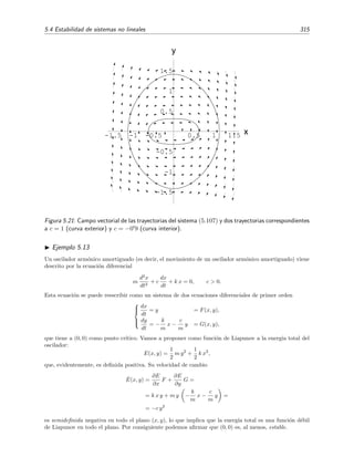 312 Ecuaciones diferenciales y sistemas no lineales. Estabilidad
-2 -1 0 1 2
-2
-1
0
1
2
x
y
(a)
-2 -1 0 1 2
-2
-1
0
1
2
x
y
(b)
Figura 5.20: (a) Campo vectorial de direcciones del sistema no lineal (5.103). (b) Campo vectorial de
direcciones del sistema (5.104).
y sea E(x, y) una funci´on deﬁnida en una regi´on que contenga a C. Llamamos velocidad de
cambio de E[x(t), y(t)] = E(t) a lo largo de la trayectoria C, a la funci´on dE/dt evaluada sobre
la trayectoria C: [dE/dt]C. Esta funci´on podemos expresarla as´ı:
˙E(x, y) ≡
dE
dt C
=
∂E
∂x
dx
dt C
+
∂E
∂y
dy
dt C
=
∂E
∂x
F +
∂E
∂y
G.
(5.106)
A ˙E(x, y) tambi´en se la llama derivada de E(x, y) con respecto al sistema (5.105).
Funci´on de Liapunov
Supongamos que E(0, 0) = 0 y sea R una regi´on que rodea al punto (0, 0). Diremos que
E(x, y) es:
deﬁnida positiva en R si E(x, y)  0 para todo punto (x, y) = (0, 0) de R;
deﬁnida negativa en R si E(x, y)  0 para todo punto (x, y) = (0, 0) de R;
semideﬁnida positiva en R si E(x, y) ≥ 0 para todo punto (x, y) = (0, 0) de R;
semideﬁnida negativa en R si E(x, y) ≤ 0 para todo punto (x, y) = (0, 0) de R.
Ejemplo 5.10
Supongamos que n y m son dos n´umeros naturales (el 0 no est´a incluido). Entonces la funci´on a x2 n
+b y2 m
es deﬁnida positiva si a, b  0, o deﬁnida negativa si a, b  0. En cambio, x2 n
, y2 n
y (x − y)2n
son
semideﬁnidas positivas.
 