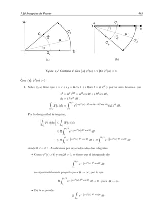 438 Desarrollo asint´otico de integrales
El m´aximo de esta funci´on se da en el valor de t que satisface la ecuaci´on
d φ(x, t)
dt
= 0 =
1
(t − a)2
− 2x (t − a).
Despejando t obtenemos que la posici´on del m´aximo de φ(x, t) es
t = a + (2x)−1/3
. (7.61)
N´otese que, a diferencia de los casos estudiados hasta ahora, la posici´on del m´aximo depende del
valor de x. En estos casos se dice que el m´aximo es movible o no ﬁjo.
Para aplicar el m´etodo de Laplace lo primero que haremos es transformar, mediante un cambio
de variable, este problema en uno con m´aximo ﬁjo, es decir, en una integral del tipo de (7.60)
pero en la que el m´aximo del exponente φ no dependa de x. Para ello hacemos el cambio
t − a = x−1/3
s (7.62)
de modo que, por la ecuaci´on (7.61), vemos que el m´aximo de
φ(x, t(s)) = φ(x, s) = −(x−1/3
s)−1
− x (x−1/3
s)2
= −x1/3
[s−1
+ s2
]
est´a situado en s = 2−1/3 = c. Llevando a cabo el anunciado cambio de variable se tiene que
I(x) = x−1/3
(b−a) x1/3
0
eφ(x,s)
ds . (7.63)
Esta integral ya tiene la forma adecuada para aplicar las t´ecnicas que hemos aprendido en la
secci´on anterior. Vamos a hacerlo, pero ya sin demorarnos en los detalles. Sabemos que12
I(x) ∼ I(x, δ) = x−1/3
2−1/3+δ
2−1/3−δ
eφ(x,s)
ds .
Desarrollando φ(x, s) en torno a s = 2−1/3,
φ(x, s) = φ(x, s = 2−1/3
) +
1
2!
d2
ds2
φ(x, s)
s=2−1/3
(s − 2−1/3
)2
+ · · ·
= x1/3
−
3
22/3
− 3(s − 2−1/3
)2
+ · · · ,
insertando este resultado en I(x, δ), y efectuando la integraci´on tras hacer δ → ∞, se tiene que
I(x) ∼ x−1/3
∞
−∞
e− 3
2
(2x)1/3−3x1/3(s−2−1/3)2
ds
∼ x−1/3
e− 3
2
(2x)1/3
∞
−∞
e−3x1/3(s−2−1/3)2
ds
para x → ∞. Ahora hacemos el cambio de variable
u = 3x1/3 (s − 21/3
)
de modo que du = 31/2x1/6 ds y as´ı obtenemos
I(x) ∼ 3−1/2
x−1/3−1/6
e− 3
2
(2x)1/3
∞
−∞
e−u2
du, x → ∞
∼
π
3x
1
2
e− 3
2
(2x)1/3
, x → ∞
pues
∞
−∞ e−u2
= 2
∞
0 e−u2
=
√
π.
12
N´otese que estamos en el caso en el que el m´aximo c = 2−1/3
est´a el interior del intervalo de integraci´on:
0  2−1/3
 (b − a) x−1/3
para x → ∞.
 