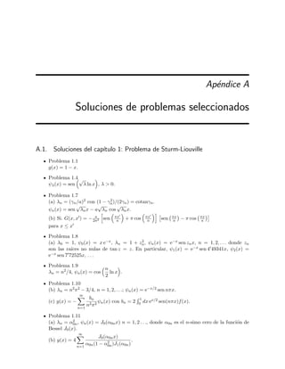 466 Desarrollo asint´otico de integrales
para α → ∞. Reescribimos la integral as´ı
I(α) =
∞
−∞
dz eα(iπz−cosh z−z2
/2)
(7.122)
=
C
dz eαh(z)
(7.123)
para usar el m´etodo de la m´axima pendiente. La funci´on h(z) tiene un punto de silla en z = iπ pues
h (z) = iπ − z − sinh z, → h (iπ) = 0,
h (z) = −1 − cosh z, → h (iπ) = 0,
h(3)
(z) = − sinh z, → h(3)
(iπ) = 0,
h(4)
(z) = − cosh z, → h(4)
(iπ) = 1.
A estos puntos de silla se les llama de cuarto orden por ser nulas las tres primeras derivadas. La fase de
h(z) es
Im h(z) = ψ(z) = x(π − y) − sen(y) senh(x).
En el punto de silla h(z = iπ) = 1 − π2
/2, luego la fase ψ(z) en el punto de silla es nula, de modo que las
l´ıneas de m´axima pendiente que pasan por el punto de silla z = iπ son aquellas en las que
x(π − y) − sen(y) senh(x) = 0 .
Es f´acil ver que las soluciones de esta ecuaci´on son las l´ıneas x = 0, y = π, y aquellas otras que satisfacen
la ecuaci´on impl´ıcita
sen y
π − y
=
x
senh x
. (7.124)
Las l´ıneas x = 0 e y = π son los contornos de m´aximo ascenso. Las otra l´ıneas dadas por (7.124) son
los contornos de m´aximo descenso y se han representado por l´ıneas gruesas en la ﬁgura 7.15. Es f´acil ver
mediante (7.124) que el contorno denotado por C en esta ﬁgura tiende asint´oticamente hacia la recta real
y = 0 cuando x → ±∞. Por tanto, para evaluar la integral (7.121), deformamos el contorno C (es decir,
la recta real) para obtener el contorno C :
I(α) =
C
dz eαh(z)
=
C
dz eαh(z)
.
Como sabemos, para evaluar el t´ermino principal de I(α) s´olo es necesario llevar a cabo la integraci´on
sobre un peque˜no trozo del contorno C que pasa por el punto de silla. Para hallar la ecuaci´on de C en
la la vecindad de z = iπ calculamos la funci´on h(z) construida mediante los dos primeros t´erminos del
desarrollo de Taylor de h(z) en torno a z = iπ:
h(z) = h(iπ) +
1
4!
h(4)
(iπ) (z − iπ)4
= 1 −
π2
2
+
1
24
(z − iπ)4
. (7.125)
La fase ψ(z) de h(z) viene dada por
ψ(z) = Re h(z) =
1
6
x (π − y) π2
− x2
− 2π y + y2
. (7.126)
Sabemos que la fase en el punto de silla es nula pues h(z = iπ) = 1 − π2
/2 es real. Por tanto, las l´ıneas de
m´axima pendiente que pasan por el punto de silla son las soluciones de ψ(z) = 0. De (7.126) se deduce que
unas de estas l´ıneas son las dadas por x = 0, otras las dadas por y = π y, ﬁnalmente, otras las dadas por las
soluciones de π2
− x2
− 2π y + y2
= 0, es decir, descritas por la relaci´on y = π ± x. Los contornos descritos
por las ecuaciones x = 0 e y = π son contornos de m´aximo ascenso mientras que (en las vecindades del
punto de silla) los contornos y = π ± x son contornos de m´aximo descenso.
 