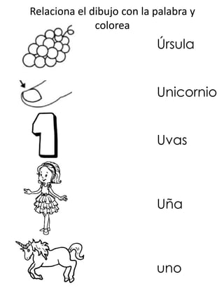 Relaciona el dibujo con la palabra y
colorea
Úrsula
Unicornio
Uvas
Uña
uno
 