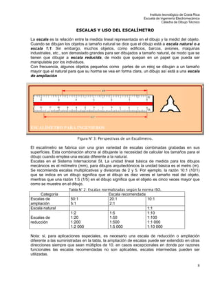 Instituto tecnológico de Costa Rica
Escuela de ingeniería Electromecánica
Cátedra de Dibujo Técnico
8
ESCALAS Y USO DEL ESCALÍMETRO
La escala es la relación entre la medida lineal representada en el dibujo y la medid del objeto.
Cuando se dibujan los objetos a tamaño natural se dice que el dibujo está a escala natural o a
escala 1:1. Sin embargo, muchos objetos, como edificios, barcos, aviones, maquinas
industriales, etc., son demasiado grandes para ser dibujados a tamaño natural, de modo que se
tienen que dibujar a escala reducida, de modo que quepan en un papel que pueda ser
manipulable por los individuos.
Con frecuencia, algunos objetos pequeños como partes de un reloj se dibujan a un tamaño
mayor que el natural para que su horma se vea en forma clara, un dibujo así está a una escala
de ampliación
ESCALÍMETRO PARA INGENIEROS
Figura N° 3: Perspectivas de un Escalímetro.
El escalímetro se fabrica con una gran variedad de escalas combinadas grabadas en sus
superficies. Esta combinación ahorra al dibujante la necesidad de calcular los tamaños para el
dibujo cuando emplea una escala diferente a la natural.
Escalas en el Sistema Internacional SI, La unidad lineal básica de medida para los dibujos
mecánicos es el milímetro (mm), para dibujos arquitectónicos la unidad básica es el metro (m).
Se recomienda escalas multiplicativas y divisorias de 2 y 5. Por ejemplo, la razón 10:1 (10/1)
que se indica en un dibujo significa que el dibujo es diez veces el tamaño real del objeto,
mientras que una razón 1:5 (1/5) en el dibujo significa que el objeto es cinco veces mayor que
como se muestra en el dibujo.
Tabla N° 2: Escalas normalizadas según la norma ISO.
Categoría Escala recomendada
Escalas de
ampliación
50:1
5:1
20:1
2:1
10:1
Escala natural 1:1
Escalas de
reducción
1:2
1:20
1:200
1:2 000
1:5
1:50
1:500
1:5 000
1:10
1:100
1:1 000
1:10 000
Nota: si, para aplicaciones especiales, es necesario una escala de reducción o ampliación
diferente a las suministradas en la tabla, la ampliación de escalas puede ser extendido en otras
direcciones siempre que sean múltiplos de 10. en casos excepcionales en donde por razones
funcionales las escalas recomendadas no son aplicables, escalas intermedias pueden ser
utilizadas.
 