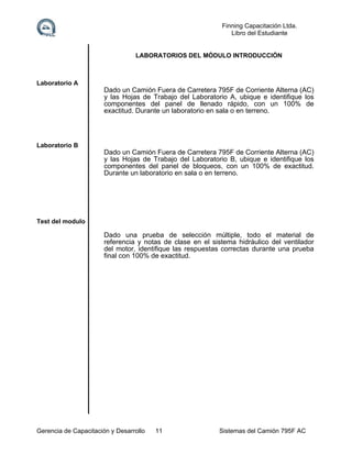 Finning Capacitación Ltda.
Libro del Estudiante

LABORATORIOS DEL MÓDULO INTRODUCCIÓN

Laboratorio A

Dado un Camión Fuera de Carretera 795F de Corriente Alterna (AC)
y las Hojas de Trabajo del Laboratorio A, ubique e identifique los
componentes del panel de llenado rápido, con un 100% de
exactitud. Durante un laboratorio en sala o en terreno.

Laboratorio B

Dado un Camión Fuera de Carretera 795F de Corriente Alterna (AC)
y las Hojas de Trabajo del Laboratorio B, ubique e identifique los
componentes del panel de bloqueos, con un 100% de exactitud.
Durante un laboratorio en sala o en terreno.

Test del modulo

Dado una prueba de selección múltiple, todo el material de
referencia y notas de clase en el sistema hidráulico del ventilador
del motor, identifique las respuestas correctas durante una prueba
final con 100% de exactitud.

Gerencia de Capacitación y Desarrollo

11

Sistemas del Camión 795F AC

 
