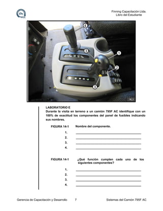 Finning Capacitación Ltda.
Libro del Estudiante

LABORATORIO E
Durante la visita en terreno a un camión 795F AC identifique con un
100% de exactitud los componentes del panel de fusibles indicando
sus nombres.
FIGURA 14-1

Nombre del componente.

1.

________________________________________

2.

________________________________________

3.

________________________________________

4.

________________________________________

¿Qué función cumplen cada uno de los
siguientes componentes?

FIGURA 14-1

1.

________________________________________

2.

________________________________________

3.

________________________________________

4.

________________________________________

Gerencia de Capacitación y Desarrollo

7

Sistemas del Camión 795F AC

 