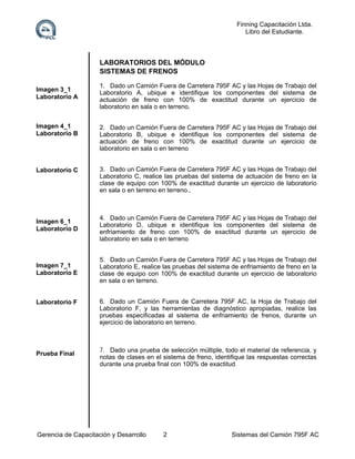 Finning Capacitación Ltda.
Libro del Estudiante.

LABORATORIOS DEL MÓDULO
SISTEMAS DE FRENOS
Imagen 3_1
Laboratorio A

1. Dado un Camión Fuera de Carretera 795F AC y las Hojas de Trabajo del
Laboratorio A, ubique e identifique los componentes del sistema de
actuación de freno con 100% de exactitud durante un ejercicio de
laboratorio en sala o en terreno.

Imagen 4_1
Laboratorio B

2. Dado un Camión Fuera de Carretera 795F AC y las Hojas de Trabajo del
Laboratorio B, ubique e identifique los componentes del sistema de
actuación de freno con 100% de exactitud durante un ejercicio de
laboratorio en sala o en terreno

Laboratorio C

3. Dado un Camión Fuera de Carretera 795F AC y las Hojas de Trabajo del
Laboratorio C, realice las pruebas del sistema de actuación de freno en la
clase de equipo con 100% de exactitud durante un ejercicio de laboratorio
en sala o en terreno en terreno..

Imagen 6_1
Laboratorio D

Imagen 7_1
Laboratorio E

Laboratorio F

Prueba Final

4. Dado un Camión Fuera de Carretera 795F AC y las Hojas de Trabajo del
Laboratorio D, ubique e identifique los componentes del sistema de
enfriamiento de freno con 100% de exactitud durante un ejercicio de
laboratorio en sala o en terreno
5. Dado un Camión Fuera de Carretera 795F AC y las Hojas de Trabajo del
Laboratorio E, realice las pruebas del sistema de enfriamiento de freno en la
clase de equipo con 100% de exactitud durante un ejercicio de laboratorio
en sala o en terreno.
6. Dado un Camión Fuera de Carretera 795F AC, la Hoja de Trabajo del
Laboratorio F, y las herramientas de diagnóstico apropiadas, realice las
pruebas especificadas al sistema de enfriamiento de frenos, durante un
ejercicio de laboratorio en terreno.

7. Dado una prueba de selección múltiple, todo el material de referencia, y
notas de clases en el sistema de freno, identifique las respuestas correctas
durante una prueba final con 100% de exactitud.

Gerencia de Capacitación y Desarrollo

2

Sistemas del Camión 795F AC

 