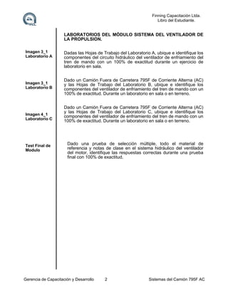 Finning Capacitación Ltda.
Libro del Estudiante.

LABORATORIOS DEL MÓDULO SISTEMA DEL VENTILADOR DE
LA PROPULSION.
Imagen 3_1
Laboratorio A

Imagen 3_1
Laboratorio B

Imagen 4_1
Laboratorio C

Test Final de
Modulo

Dadas las Hojas de Trabajo del Laboratorio A, ubique e identifique los
componentes del circuito hidráulico del ventilador de enfriamiento del
tren de mando con un 100% de exactitud durante un ejercicio de
laboratorio en sala.
Dado un Camión Fuera de Carretera 795F de Corriente Alterna (AC)
y las Hojas de Trabajo del Laboratorio B, ubique e identifique los
componentes del ventilador de enfriamiento del tren de mando con un
100% de exactitud. Durante un laboratorio en sala o en terreno.
Dado un Camión Fuera de Carretera 795F de Corriente Alterna (AC)
y las Hojas de Trabajo del Laboratorio C, ubique e identifique los
componentes del ventilador de enfriamiento del tren de mando con un
100% de exactitud. Durante un laboratorio en sala o en terreno.

Dado una prueba de selección múltiple, todo el material de
referencia y notas de clase en el sistema hidráulico del ventilador
del motor, identifique las respuestas correctas durante una prueba
final con 100% de exactitud.

Gerencia de Capacitación y Desarrollo

2

Sistemas del Camión 795F AC

 