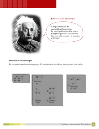 16
Fundación Universitaria del Área Andina 16
12
FUNDACIÓN UNIVERSITARIA DEL ÁREA ANDINA
Esta es la clave de mi éxito
Amigo estudiante de
matemáticas financieras:
En todas las fórmulas debe aplicar
siempre el principio fundamental.
Siga este sabio consejo y le garantizo
el ÉXITO!!!
Fórmulas de interés simple
En las operaciones financieras propias del interés simple, se utilizan las siguientes identidades:
 