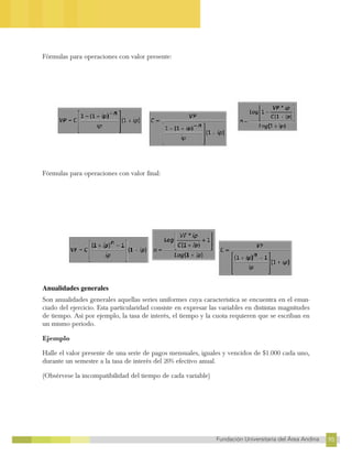95
Fundación Universitaria del Área Andina 95
11
FUNDACIÓN UNIVERSITARIA DEL ÁREA ANDINA
Fórmulas para operaciones con valor presente:
Fórmulas para operaciones con valor final:
Anualidades generales
Son anualidades generales aquellas series uniformes cuya característica se encuentra en el enun-
ciado del ejercicio. Esta particularidad consiste en expresar las variables en distintas magnitudes
de tiempo. Así por ejemplo, la tasa de interés, el tiempo y la cuota requieren que se escriban en
un mismo periodo.
Ejemplo
Halle el valor presente de una serie de pagos mensuales, iguales y vencidos de $1.000 cada uno,
durante un semestre a la tasa de interés del 20% efectivo anual.
(Obsérvese la incompatibilidad del tiempo de cada variable)
 