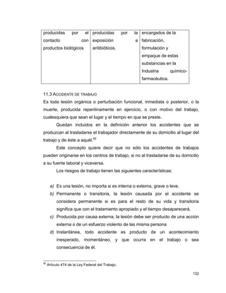 132
producidas por el
contacto con
productos biológicos
producidas por la
exposición a
antibióticos.
encargados de la
fabricación,
formulación y
empaque de estas
substancias en la
Industria químico-
farmacéutica.
11.3 ACCIDENTE DE TRABAJO
Es toda lesión orgánica o perturbación funcional, inmediata o posterior, o la
muerte, producida repentinamente en ejercicio, o con motivo del trabajo,
cualesquiera que sean el lugar y el tiempo en que se preste.
Quedan incluidos en la definición anterior los accidentes que se
produzcan al trasladarse el trabajador directamente de su domicilio al lugar del
trabajo y de éste a aquél.92
Este concepto quiere decir que no sólo los accidentes de trabajos
pueden originarse en los centros de trabajo, si no al trasladarse de su domicilio
a su fuente laboral y viceversa.
Los riesgos de trabajo tienen las siguientes características:
a) Es una lesión, no importa si es interna o externa, grave o leve.
b) Permanente o transitoria, la lesión causada por el accidente se
considera permanente si es para el resto de su vida y transitoria
significa que con el tratamiento apropiado y el tiempo desaparecerá.
c) Producida por causa externa, la lesión debe ser producto de una acción
externa o de un esfuerzo violento de las misma persona
d) Instantánea, todo accidente es producto de un acontecimiento
inesperado, momentáneo, y que ocurra en el trabajo o sea
consecuencia de él.
92
Artículo 474 de la Ley Federal del Trabajo.
 