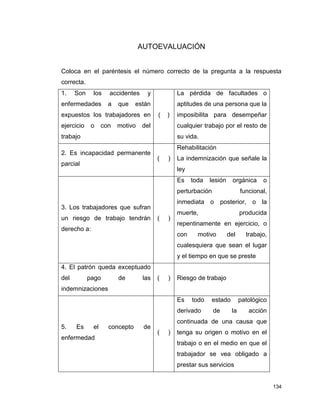 134
AUTOEVALUACIÓN
Coloca en el paréntesis el número correcto de la pregunta a la respuesta
correcta.
1. Son los accidentes y
enfermedades a que están
expuestos los trabajadores en
ejercicio o con motivo del
trabajo
( )
La pérdida de facultades o
aptitudes de una persona que la
imposibilita para desempeñar
cualquier trabajo por el resto de
su vida.
2. Es incapacidad permanente
parcial
( )
Rehabilitación
La indemnización que señale la
ley
3. Los trabajadores que sufran
un riesgo de trabajo tendrán
derecho a:
( )
Es toda lesión orgánica o
perturbación funcional,
inmediata o posterior, o la
muerte, producida
repentinamente en ejercicio, o
con motivo del trabajo,
cualesquiera que sean el lugar
y el tiempo en que se preste
4. El patrón queda exceptuado
del pago de las
indemnizaciones
( ) Riesgo de trabajo
5. Es el concepto de
enfermedad
( )
Es todo estado patológico
derivado de la acción
continuada de una causa que
tenga su origen o motivo en el
trabajo o en el medio en que el
trabajador se vea obligado a
prestar sus servicios
 
