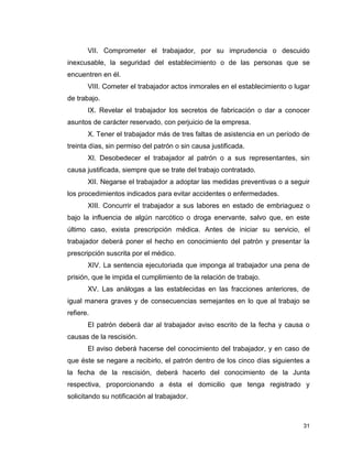 31
VII. Comprometer el trabajador, por su imprudencia o descuido
inexcusable, la seguridad del establecimiento o de las personas que se
encuentren en él.
VIII. Cometer el trabajador actos inmorales en el establecimiento o lugar
de trabajo.
IX. Revelar el trabajador los secretos de fabricación o dar a conocer
asuntos de carácter reservado, con perjuicio de la empresa.
X. Tener el trabajador más de tres faltas de asistencia en un período de
treinta días, sin permiso del patrón o sin causa justificada.
XI. Desobedecer el trabajador al patrón o a sus representantes, sin
causa justificada, siempre que se trate del trabajo contratado.
XII. Negarse el trabajador a adoptar las medidas preventivas o a seguir
los procedimientos indicados para evitar accidentes o enfermedades.
XIII. Concurrir el trabajador a sus labores en estado de embriaguez o
bajo la influencia de algún narcótico o droga enervante, salvo que, en este
último caso, exista prescripción médica. Antes de iniciar su servicio, el
trabajador deberá poner el hecho en conocimiento del patrón y presentar la
prescripción suscrita por el médico.
XIV. La sentencia ejecutoriada que imponga al trabajador una pena de
prisión, que le impida el cumplimiento de la relación de trabajo.
XV. Las análogas a las establecidas en las fracciones anteriores, de
igual manera graves y de consecuencias semejantes en lo que al trabajo se
refiere.
El patrón deberá dar al trabajador aviso escrito de la fecha y causa o
causas de la rescisión.
El aviso deberá hacerse del conocimiento del trabajador, y en caso de
que éste se negare a recibirlo, el patrón dentro de los cinco días siguientes a
la fecha de la rescisión, deberá hacerlo del conocimiento de la Junta
respectiva, proporcionando a ésta el domicilio que tenga registrado y
solicitando su notificación al trabajador.
 