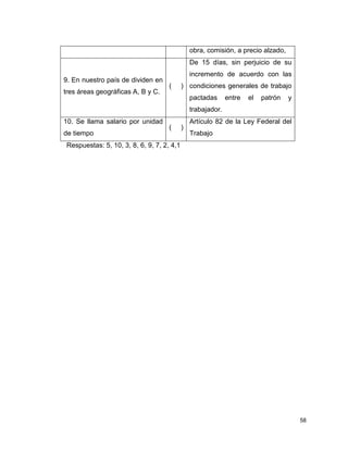 58
obra, comisión, a precio alzado,
9. En nuestro país de dividen en
tres áreas geográficas A, B y C.
( )
De 15 días, sin perjuicio de su
incremento de acuerdo con las
condiciones generales de trabajo
pactadas entre el patrón y
trabajador.
10. Se llama salario por unidad
de tiempo
( )
Artículo 82 de la Ley Federal del
Trabajo
Respuestas: 5, 10, 3, 8, 6, 9, 7, 2, 4,1
 
