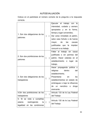 80
AUTOEVALUACIÓN
Coloca en el paréntesis el número correcto de la pregunta a la respuesta
correcta.
1. Son dos obligaciones de los
patrones:
( )
Ejecutar el trabajo con la
intensidad, cuidado y esmero
apropiados y en la forma,
tiempo y lugar convenidos,
Dar aviso inmediato al patrón,
salvo caso fortuito o de fuerza
mayor, de las causas
justificadas que le impidan
concurrir a su trabajo.
2. Son dos prohibiciones de los
patrones
( )
Faltar al trabajo sin causa
justificada o sin permiso del
patrón, Hacer colectas en el
establecimiento o lugar de
trabajo.
3. Son dos obligaciones de los
trabajadores
( )
Hacer propaganda política o
religiosa dentro del
establecimiento,
Presentarse en los
establecimientos en estado de
embriaguez o bajo la influencia
de un narcótico o droga
enervante.
4.Sin dos prohibiciones de los
trabajadores
( )
Artículo 133 de la Ley Federal
del Trabajo
5. Si se viola a cumplirlas
estaría restringiendo la
legalidad en las condiciones
( )
Artículo 132 de la Ley Federal
del Trabajo
 
