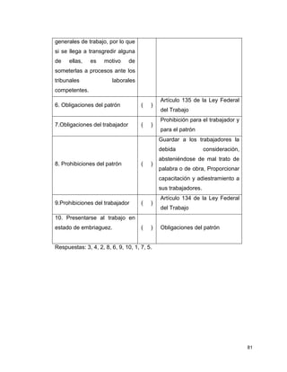 81
generales de trabajo, por lo que
si se llega a transgredir alguna
de ellas, es motivo de
someterlas a procesos ante los
tribunales laborales
competentes.
6. Obligaciones del patrón ( )
Artículo 135 de la Ley Federal
del Trabajo
7.Obligaciones del trabajador ( )
Prohibición para el trabajador y
para el patrón
8. Prohibiciones del patrón ( )
Guardar a los trabajadores la
debida consideración,
absteniéndose de mal trato de
palabra o de obra, Proporcionar
capacitación y adiestramiento a
sus trabajadores.
9.Prohibiciones del trabajador ( )
Artículo 134 de la Ley Federal
del Trabajo
10. Presentarse al trabajo en
estado de embriaguez. ( ) Obligaciones del patrón
Respuestas: 3, 4, 2, 8, 6, 9, 10, 1, 7, 5.
 
