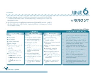 30
English syllabus for seventh grade
UNIT 6
Approximate time: 27 hours
A PERFECT DAY
Approximate time: 27 hours
CONTENTS ACHIEVEMENT INDICATORS
CONTENTS ACHIEVEMENT INDICATORS
CONTENTS ACHIEVEMENT INDICATORS
CONCEPTS
CONTENTS ACHIEVEMENT INDICATORS
CONTENTS ACHIEVEMENT INDICATORS
CONTENTS ACHIEVEMENT INDICATORS
CONTENTS ACHIEVEMENT INDICATORS
PROCEDURES
CONTENTS ACHIEVEMENT INDICATORS
CONTENTS ACHIEVEMENT INDICATORS
CONTENTS ACHIEVEMENT INDICATORS
CONTENTS ACHIEVEMENT INDICATORS
ATTITUDES
CONTENTS ACHIEVEMENT INDICATORS
CONTENTS ACHIEVEMENT INDICATORS
CONTENTS ACHIEVEMENT INDICATORS
CONTENTS ACHIEVEMENT INDICATORS
Contents:
■ Telling the time
■ Daily activities
■ Hobbies/entertainment
Grammar in context:
■ Prepositions of time: in, on, at
- I do my homework in the
afternoon.
- We eat dinner at six o’clock.
- She plays tennis on Saturdays.
■ Frequency adverbs
- I usually eat lunch at school.
- He never wakes up after eight.
Listening
■ Recognizing the time in English.
■ Associating time expressions to
different moments of the day.
■ Recognizing the use of
prepositions of time.
■ Identifying verbs to describe daily
activities.
■ Recognizing vocabulary related
to hobbies and leisure time
activities.
■ Associating adverbs to the
frequency of habitual activities.
■ Distinguishing the use of “did” to
express the past.
■ Appreciating his/her classmates’
comments and opinions.
■ Showing enthusiasm while
narrating accounts.
■ Listening attentively to classmates
and teacher.
■ Asking and answering questions
politely.
■ Helping shier students feel
confident while speaking.
■ Being aware that mistakes are
part of the learning process.
■ Being thorough at incorporating
new language. studied in class to
classroom use.
6.1 Clearly recognizes different forms to tell the time
of the day in diverse oral input.
6.2 Identifies an associates time expressions from
audio sources to different moments of the day.
6.3 Attentively listens and identifies actions in the past
from teacher’s and classmates’ stories.
6.4 Clearly differentiates and reproduces the
phonemes /t/, /d/, and /ed/ of the regular
past tense.
6.5 Uses appropriate expressions to tell the hours,
half hours, quarters and minutes.
6.6 Appropriately asks and answers questions
dealing with daily routines and habits.
6.7 Accurately tells the frequency of some habitual
activities in El Salvador.
- We hardly ever watch TV at
night.
■ Differentiating the phonemes /t/,
/d/, and /ed/ of the regular
past tense.
■ Using his/her imagination and
creativity to perform specific
tasks.
6.8 Confidently exchanges information about their
daily schedule for personal activities at home,
work and school.
Objectives
✓Recognize language related to time, habitual actions and entertainment in order to establish
a conversation about daily routines, schedules, frequency of activities, personal hobbies and
leisure time activities.
✓Use vocabulary and structures learned, by exchanging oral and written language, in order to
talk about daily routines, daily schedules, frequency of habitual activities, personal hobbies
and leisure time activities.
e
e
Ingles Tercer Ciclo.indd 30 7/17/08 9:26:52 PM
 