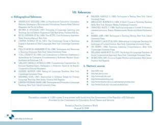 60
English syllabus for the third cycle
a. Bibliographical References
ANDER-EGG, EZEQUIEL (1996). La Planificación Educativa: Conceptos,
Métodos, Estrategias y Técnicas para Educadores. Buenos Aires: Editorial
Magisterio del Río de la Plata.
BROWN, H. DOUGLAS (1987). Principles of Language Learning and
Teaching. Second Edition. Englewood Cliff, New Jersey: Prentice Hall, Inc.
BUCK, KATHRYN ET AL (1989). The ACTFL Oral Proficiency Interview:
Tester Training Manual. New York.
CARTER, RONALD ET AL (2001). The Cambridge Guide to Teaching
English to Speakers of Other Languages. New York: Cambridge University
Press.
CELLCE-MURCIA, MARIANNE ET AL (1988). Techniques and Resources
in Teaching Grammar. New York: Oxford University Press.
COLL, CÉSAR ET AL (1992). Los Contenidos en La Reforma: Enseñanza y
Aprendizaje de Conceptos, Procedimientos y Actitudes. Madrid: Grupo
Santillana de Ediciones, S.A.
GALLEGO BADILLO, RÓMULO (1999). Competencias Cognoscitivas: Un
Enfoque Epistemológico, Pedagógico y Didáctico. Santa fe de Bogotá:
Cooperativa Editorial Magisterio.
HUGHES, ARTHUR (1989). Testing for Language Teachers. New York:
Cambridge University Press.
KRAHNKE, KARL (1987). Approaches to Syllabus Design for Foreign
Language Teaching. New Jersey: Prentice Hall Regents.
LARSEN-FREEMAN,DIANE(1986).TechniquesandPrinciplesinLanguage
Teaching. New York: Oxford University Press.
This edition consists of 11,000 copies. It was printed with funds from the Government of the Republic of El Salvador
Provided by the Commission for Education, Social Peace and Security
Printed in Perú by Quebecor World
August 20, 2008
VIII. References
MADSEN, HAROLD, S. (1983). Techniques in Testing. New York: Oxford
University Press.
MIKULECKY, BEATRICE S. (1990). A Short Course in Teaching Reading
Skills. New York: Addison-Wesley Publishing Company.
OMAGGIO, ALICE, C. (1986). Teaching Language in Context. Proficiency-
oriented Instruction. Boston, Massachusetts: Heinle and Heinle Publishers,
Inc.
RAIMES, ANN. (1983). Techniques in Teaching Writing. New York: Oxford
University Press.
RICHARDS C, JACK ET AL (2001). Methodology in Language Teaching. An
Anthology of Current Practice. New York: Cambridge University Press.
UR, PENNY. (1984). Teaching Listening Comprehension. New York:
Cambridge University Press.
WILLIAMS, MARION ET AL (1977). Psychology for Language Teachers. A
Social Constructivist Approach. New York: Cambridge University Press.
WONG, RITA (1987). Focus on English Rhythm and Intonation. New Jersey:
Prentice Hall Regents.
b. Electronic sources
http://elllo.org/
http://esl.about.com/
http://www.esl-lab.com/
http://www.eslreading.org/
http://www.freeducation.co.uk/links/eslactivities.html
http://www.lclark.edu/~krauss/usia/kids.html
Ingles Tercer Ciclo.indd 60 7/17/08 9:27:17 PM
 