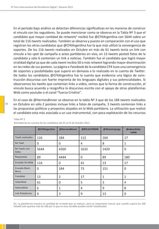 5º Foro Internacional de Periodismo Digital | Rosario 2012




       En el período bajo análisis se detectan diferencias significativas en las maneras de construir
       el vínculo con los seguidores. Se puede mencionar como se observa en la Tabla Nº 3 que el
       candidato que mayor cantidad de retweets5 recibió fue @CFKArgentina con 5644 sobre un
       total de 116 tweets realizados. También se observa y puesto en comparación con el uso que
       registran los otros candidatos que @CFKArgentina fue la que más utilizó la convergencia de
       soportes. De los 116 tweets realizados en Octubre en más de 61 tweets tenía un link con
       vínculo a los spot de campaña o actos partidarios en vivo, en 13 tweets posteó fotos de la
       candidata y sólo 6 contenían un link a noticias. También fue el candidato que logró mayor
       viralidad digital ya que de cada tweet recibía 50 o más retweet logrando mayor diseminación
       en las redes de sus posteos. La página e Facebook de la candidata CFK tuvo una convergencia
       de soportes y posibilidades que superó en demasía a lo realizado en la cuenta de Twitter.
       De todos los candidatos @CFKArgentina fue la cuenta que evidencia una lógica de cons-
       trucción discursiva con fuerte impronta de los lenguajes digitales y sus potencialidades. Si
       observamos los twetts que contenían links a video, vemos que la forma de construcción, el
       vínculo busca acuerdo y resignifica lo discursivo escrito con el apoyo de otras plataformas
       Web como youtube o el canal “fuerza Cristina”.

       En el caso de @HermesBinner se observa en la tabla Nº 3 que de los 184 tweets realizados
66     en Octubre en sólo 2 posteos incluye links a fotos de campaña, 3 tweets contenían links a
       las propuestas políticas y proyectos alojados en la Web partidaria. La utilización que realizó
       el candidato esta más asociada a un uso instrumental, con poca explotación de los recursos
       Tabla Nº 3
       Actividad de las cuentas de los candidatos del 01 al 31 de Octubre 2011

                              @CFKArgentina       @HermesBinner       @RICALFONSIN     @Altamirajorge         @eduardodu-
                                                                                                                 halde
        Twett realizados     116                 184                 112               164                17
        Re-Twet              0                   0                   4                 8                  1
        Re-Twets reci-       5644                4260                1632              1420               0
        bidos
        Respuestas           89                  4444                0                 89                 180
        Enviado Via Web      116                 0                   41                13                 17
        Enviado Black-       0                   184                 73                151                0
        Berry
        FotoWeb              13                  2                   17                1                  1
        VideoWeb             61                  0                   5                 3                  4
        NoticiaWeb           6                   1                   4                 9                  8
        Link Plataforma      0                   3                   9                 13                 0

       (5). La plataforma muestra la cantidad de re-twett que se realizan, pero es importante marcar que cuando supera los 100
       retwett solo aparece más de 100 por lo que en esta variable pueden existir inexatitudes.
 