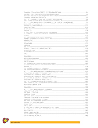 12
AIEPI - Libro Clínico
DIARREA CON ALGÚN GRADO DE DESHIDRATACIÓN...................................................................................96
DIARREA CON ALTO RIESGO DE DESHIDRATACIÓN........................................................................................97
DIARREA SIN DESHIDRATACIÓN..................................................................................................................................97
3.2.2 CLASIFICAR AL NIÑO CON DIARREA PERSISTENTE..............................................................................97
3.2.3 CLASIFICAR AL NIÑO CON DIARREA CON SANGRE EN LAS HECES...........................................99
EJERCICIO CASO CAMILO.............................................................................................................................................100
CASO HÉCTOR.....................................................................................................................................................................102
EJERCICIO...............................................................................................................................................................................104
4. EVALUAR Y CLASIFICAR AL NIÑO CON FIEBRE............................................................................................105
SEPSIS........................................................................................................................................................................................106
MANIFESTACIONES CLÍNICAS DE SEPSIS:............................................................................................................106
MENINGITIS...........................................................................................................................................................................106
ETIOLOGÍA..............................................................................................................................................................................107
DENGUE...................................................................................................................................................................................107
ETAPAS CLÍNICAS DE LA ENFERMEDAD:..............................................................................................................108
CHIKUNGUNYA....................................................................................................................................................................111
ZIKA............................................................................................................................................................................................112
MALARIA.................................................................................................................................................................................112
INFECCIÓN URINARIA......................................................................................................................................................115
BACTERIEMIA........................................................................................................................................................................116
4.1 ¿CÓMO EVALUAR A UN NIÑO CON FIEBRE?..............................................................................................117
EJERCICIO...............................................................................................................................................................................124
4.2 ¿CÓMO CLASIFICAR LA FIEBRE?........................................................................................................................129
4.2.1 CLASIFICAR EL RIESGO DE LA ENFERMEDAD FEBRIL ......................................................................129
ENFERMEDAD FEBRIL DE RIESGO ALTO...............................................................................................................130
ENFERMEDAD FEBRIL DE RIESGO INTERMEDIO..............................................................................................130
ENFERMEDAD FEBRIL DE RIESGO BAJO...............................................................................................................131
4.2.2 CLASIFICAR LA POSIBILIDAD DE MALARIA.............................................................................................131
MALARIA COMPLICADA................................................................................................................................................132
MALARIA.................................................................................................................................................................................133
4.2.3 CLASIFICAR EL RIESGO DE DENGUE...........................................................................................................133
PROBABLE DENGUE.........................................................................................................................................................133
DENGUE GRAVE..................................................................................................................................................................135
DENGUE CON SIGNOS DE ALARMA.......................................................................................................................135
DENGUE SIN SIGNOS DE ALARMA .........................................................................................................................135
EJERCICIO CASO CAROLINA.......................................................................................................................................136
CASO INÉS.............................................................................................................................................................................139
5. EVALUAR AL NIÑO CON PROBLEMAS DEL OÍDO......................................................................................142
MASTOIDITIS.........................................................................................................................................................................142
OTITIS MEDIA AGUDA.....................................................................................................................................................142
OTITIS MEDIA CRÓNICA.................................................................................................................................................143
 