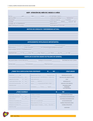 140
AIEPI - Libro Clínico
2 - Evaluar y clasificar al lactante menor de dos meses de edad
AIEPI - ATENCIÓN DEL NIÑO DE 2 MESES A 5 AÑOS
FECHA: _____________MES: _________ AÑO: _________ HORA: _______ N° HISTORIA CLÍNICA:________________________
INSTITUCIÓN: _________________________________________________ CONSULTA EXTERNA: _______ URGENCIAS: ______
MUNICIPIO: ___________________________________________________CONSULTA INICIAL: _______ CONTROL: _______
NOMBRE: ____________________________________________________ EDAD: AÑOS______ MESES_____ SEXO (F) (M)
NOMBRE DEL ACOMPAÑANTE: ____________________________________PARENTESCO: _____________________________
DIRECCIÓN (barrio o vereda):______________________________________TELÉFONO FIJO / CELULAR: ___________________
MOTIVO DE CONSULTA Y ENFERMEDAD ACTUAL:
_____________________________________________________________________________________________________
_____________________________________________________________________________________________________
_____________________________________________________________________________________________________
_____________________________________________________________________________________________________
ANTECEDENTES PATOLÓGICOS IMPORTANTES:
¿Cómofueelembarazo?y¿Cuántoduró?___________________________________¿Cómofueelparto?__________________
PESOalnacer____________g.TALLAalnacer___________cm.¿Presentóalgúnproblemaneonatal?______________________
Enfermedades previas y hospitalizaciones: ___________________________________________________________________
_____________________________________________________________________________________________________
TEMPERATURA: _____ °C. FC:______/min. FR: ______/min. TALLA: _____cm. PESO: ______Kg. PC:_____ cm. IMC: __________
VERIFICAR SI EXISTEN SIGNOS DE PELIGRO EN GENERAL
No puede beber o tomar del pecho_____________ Letárgico o inconsciente: ____________ ENFERMEDAD MUY GRAVE
Vomita todo ______________ Convulsiones: ________________ Observaciones: ____________________________________
_____________________________________________________________________________________________________
_____________________________________________________________________________________________________
¿TIENE TOS O DIFICULTAD PARA RESPIRAR? SI _____ NO _____ CRUP GRAVE
Desde hace _________ días. Respiración por minuto ___________ Respiración grave BRONQUIOLITIS GRAVE
Primer episodio de sibilancias: SI____ NO____ Tiraje subcostal SaO2 <92% (90% altura > 2.500 msnm) SIBILANCIA RECURRENTE (GRAVE)
Sibilancias recurrentes: SI____ NO ____ Tiraje subclavicular _____________________________ CRUP
Cuadro gripal últimos 3 días SI____ NO ____ Estridor______ Sibilancias ______________________ BRONQUIOLITIS
Antecedente prematuridad: SI ____ NO ____ Apnea _______ Incapacidad para hablar o beber _____ SIBILANCIA (RECURRENTE)
OBSERVACIONES: _______________________
______________________________________
______________________________________
Somnoliento ______ Confuso ______ Agitado _______
NEUMONÍA GRAVE
NEUMONÍA
TOS O RESFRIADO
¿TIENE DIARREA? SI ______ NO _______
Desde hace _________ días. Letárgico o comatoso ____________________________ DESHIDRATACIÓN GRAVE
¿Hay sangre en las heces? SI ____ NO ____ Intranquilo o irritable ____________________________ ALGÚN GRADO DESHIDRATACIÓN
¿Tiene vómito? SI ____ NO ____ Ojos hundidos _________________________________ ALTO RIESGO DESHIDRATACIÓN
# Vómitos en las últimas 24 h _____________ Bebe mal o no puede beber ______________________ SIN DESHIDRATACIÓN
# Diarreas en las últimas 24 h _____________ Bebe ávidamente con sed ________________________ DIARREA PERSISTENTE GRAVE
# Diarreas en las últimas 4 h ______________ Pliegue cutáneo: Inmediato___ Lento___ Muy lento ___ DIARREA PERSISTENTE
OBSERVACIONES: ________________________
_______________________________________
DISENTERÍA
 