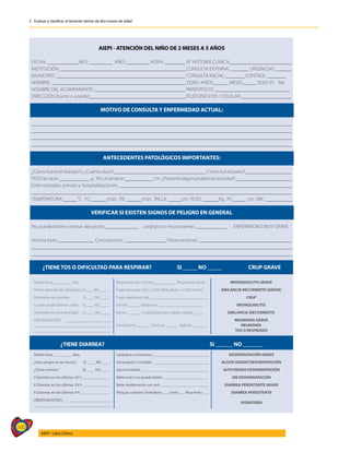 160
AIEPI - Libro Clínico
2 - Evaluar y clasificar al lactante menor de dos meses de edad
AIEPI - ATENCIÓN DEL NIÑO DE 2 MESES A 5 AÑOS
FECHA: ____________MES: _________ AÑO: _________ HORA: ________ N° HISTORIA CLÍNICA:________________________
INSTITUCIÓN: _________________________________________________CONSULTA EXTERNA: _______ URGENCIAS: ______
MUNICIPIO: __________________________________________________ CONSULTA INICIAL: _______ CONTROL: _______
NOMBRE: ____________________________________________________ EDAD: AÑOS______ MESES_____ SEXO (F) (M)
NOMBRE DEL ACOMPAÑANTE: ___________________________________ PARENTESCO: _____________________________
DIRECCIÓN (barrio o vereda):_____________________________________TELÉFONO FIJO / CELULAR: ___________________
MOTIVO DE CONSULTA Y ENFERMEDAD ACTUAL:
_____________________________________________________________________________________________________
_____________________________________________________________________________________________________
_____________________________________________________________________________________________________
_____________________________________________________________________________________________________
ANTECEDENTES PATOLÓGICOS IMPORTANTES:
¿Cómofueelembarazo?y¿Cuántoduró?___________________________________¿Cómofueelparto?__________________
PESOalnacer____________g. TALLAalnacer___________cm.¿Presentóalgúnproblemaneonatal?______________________
Enfermedades previas y hospitalizaciones: ___________________________________________________________________
_____________________________________________________________________________________________________
TEMPERATURA: _____ °C. FC:______/min. FR: ______/min. TALLA: _____cm. PESO: ______Kg. PC:_____ cm. IMC: __________
VERIFICAR SI EXISTEN SIGNOS DE PELIGRO EN GENERAL
No puede beber o tomar del pecho_____________ Letárgico o inconsciente: ____________ ENFERMEDAD MUY GRAVE
Vomita todo ______________ Convulsiones: ________________ Observaciones: ____________________________________
_____________________________________________________________________________________________________
_____________________________________________________________________________________________________
¿TIENE TOS O DIFICULTAD PARA RESPIRAR? SI _____ NO _____ CRUP GRAVE
Desde hace _________ días. Respiración por minuto ___________ Respiración grave BRONQUIOLITIS GRAVE
Primer episodio de sibilancias: SI____ NO____ Tiraje subcostal SaO2 <92% (90% altura > 2.500 msnm) SIBILANCIA RECURRENTE (GRAVE)
Sibilancias recurrentes: SI____ NO ____ Tiraje supraclavicular _____________________________ CRUP
Cuadro gripal últimos 3 días SI____ NO ____ Estridor______ Sibilancias ______________________ BRONQUIOLITIS
Antecedente prematuridad: SI ____ NO ____ Apnea _______ Incapacidad para hablar o beber _____ SIBILANCIA (RECURRENTE)
OBSERVACIONES: _______________________
______________________________________
______________________________________
Somnoliento ______ Confuso ______ Agitado _______
NEUMONÍA GRAVE
NEUMONÍA
TOS O RESFRIADO
¿TIENE DIARREA? SI ______ NO _______
Desde hace _________ días. Letárgico o comatoso ____________________________ DESHIDRATACIÓN GRAVE
¿Hay sangre en las heces? SI ____ NO ____ Intranquilo o irritable ____________________________ ALGÚN GRADO DESHIDRATACIÓN
¿Tiene vómito? SI ____ NO ____ Ojos hundidos _________________________________ ALTO RIESGO DESHIDRATACIÓN
# Vómitos en las últimas 24 h _____________ Bebe mal o no puede beber ______________________ SIN DESHIDRATACIÓN
# Diarreas en las últimas 24 h _____________ Bebe ávidamente con sed ________________________ DIARREA PERSISTENTE GRAVE
# Diarreas en las últimas 4 h ______________ Pliegue cutáneo: Inmediato___ Lento___ Muy lento ___ DIARREA PERSISTENTE
OBSERVACIONES: ________________________
_______________________________________
DISENTERÍA
 
