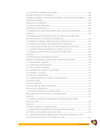 19
AIEPI - Libro Clínico
9.2. CLASIFICAR EL DESARROLLO DEL NIÑO.....................................................................................................488
PROBABLE RETRASO DEL DESARROLLO..............................................................................................................488
DESARROLLO NORMAL CON FACTORES DE RIESGO / ALERTA PARA EL DESARROLLO.........489
DESARROLLO NORMAL..................................................................................................................................................489
EJERCICIO CASO FERNANDA......................................................................................................................................490
10. EVALUAR OTROS PROBLEMAS...........................................................................................................................493
OBJETIVOS DEL APRENDIZAJE:.................................................................................................................................496
1. DETERMINAR SI ES NECESARIO HOSPITALIZAR O REFERIR URGENTEMENTE.........................497
EJERCICIO...............................................................................................................................................................................500
2. DETERMINAR LOS TRATAMIENTOS PARA LOS NIÑOS QUE NO NECESITAN
SER HOSPITALIZADOS O REFERIDOS CON URGENCIA................................................................................502
2.1 ENSEÑAR A LA MADRE CUÁNDO VOLVER AL SERVICIO DE SALUD............................................502
2.1.1 CONSULTA DE CONTROL DEL NIÑO MAYOR DE DOS MESES.....................................................503
2.1.2 CONSULTA DE CONTROL PARA LACTANTES MENORES DE DOS MESES..............................504
2.1.3 ¿CUÁNDO VOLVER DE INMEDIATO AL SERVICIO DE SALUD?.....................................................504
2.1.4 PRÓXIMA CONSULTA PARA LA ATENCIÓN DEL NIÑO SANO.......................................................507
EJERCICIO...............................................................................................................................................................................508
3. HOSPITALIZACIÓN O REFERENCIA URGENTE..............................................................................................509
NORMAS DE REFERENCIA: ESTABILIZACIÓN Y TRANSPORTE“REFIERA”............................................509
3.1 R: RESPIRACIÓN = OXÍGENO...............................................................................................................................509
3.2 E: ESTABILIDAD HEMODINÁMICA....................................................................................................................511
3.3 F: FRÍO = EVITAR HIPOTERMIA............................................................................................................................512
3.4 I: INFORMACIÓN A PADRES Y CUIDADORES..............................................................................................512
3.5 E: ENERGÍA = GLUCOSA.........................................................................................................................................514
3.6 R: REGISTRO Y MONITOREO.................................................................................................................................515
3.7 A: ADMINISTRACIÓN DE LÍQUIDOS Y MEDICAMENTOS...................................................................515
4. REFERIR AL NIÑO...........................................................................................................................................................518
EJERCICIO CASO LINA.....................................................................................................................................................519
TRATAR AL NIÑO DE CERO A CINCO AÑOS.......................................................................................................522
OBJETIVOS DEL APRENDIZAJE:.................................................................................................................................522
1. USAR BUENAS TÉCNICAS DE COMUNICACIÓN.........................................................................................523
PASOS PARA UNA BUENA TÉCNICA DE COMUNICACIÓN........................................................................523
EJERCICIO...............................................................................................................................................................................527
1.1.ENSEÑAR A LA MADRE A ADMINISTRAR LOS MEDICAMENTOS POR VÍA
ORAL EN LA CASA.............................................................................................................................................................528
EJERCICIO...............................................................................................................................................................................531
2. TRATAR AL MENOR DE 2 MESES DE EDAD....................................................................................................532
2.1. ADMINISTRAR UN ANTIBIÓTICO ADECUADO ANTES DE REFERIR..............................................532
2.2. TRATAR LAS INFECCIONES LOCALES EN CASA.......................................................................................533
2.2.1. TRATAMIENTO PARA EL OMBLIGO QUE SUPURA SIN EXTENDERSE A LA PIEL
O LAS PÚSTULAS ESCASAS Y LOCALIZADAS EN LA PIEL .........................................................................533
 