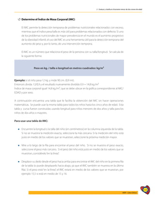 195
AIEPI - Libro Clínico
2 - Evaluar y clasificar al lactante menor de dos meses de edad
4
4 Determine el Índice de Masa Corporal (IMC)
	
	 El IMC permite la detección temprana de problemas nutricionales relacionados con exceso,
mientras que el índice peso/talla es más útil para problemas relacionados con defecto. Si uno
de los problemas nutricionales de mayor prevalencia en el mundo es el aumento progresivo
de la obesidad infantil, el uso del IMC es una herramienta útil para la detección temprana del
aumento de peso y, por lo tanto, de una intervención temprana.
	 El IMC es un número que relaciona el peso de la persona con su talla/longitud. Se calcula de
la siguiente forma:
	
Peso en kg. / talla o longitud en metros cuadrados: kg/m²
Ejemplo: si el niño pesa 12 kg. y mide 90 cm. (0,9 mt).
Entonces divida: 12/0,9 y el resultado nuevamente dividido 0.9 = 14,8 kg./m²
Índice de masa corporal igual 14,8 kg./m², que se debe ubicar en la gráfica correspondiente al IMC/
EDAD y por sexo.
A continuación encuentra una tabla que le facilita la obtención del IMC sin hacer operaciones
matemáticas. Se puede usar la misma tabla para todos los niños hasta los cinco años de edad. Esta
tabla y curva fueron construidas usando longitud para niños menores de dos años y talla para los
niños de dos años o mayores.
Para usar una tabla de IMC:
l	Encuentre la longitud o la talla del niño (en centímetros) en la columna izquierda de la tabla.
Si no se muestra la medición exacta, seleccione la más cercana. Si la medición del niño está
justo en medio de los valores que se muestran, seleccione la próxima medición mayor.
l	Mire a lo largo de la fila para encontrar el peso del niño. Si no se muestra el peso exacto,
seleccione el peso más cercano. Si el peso del niño está justo en medio de los valores que se
muestran, considérelo“en la línea”.
l	Desplace su dedo desde el peso hacia arriba para encontrar el IMC del niño en la primera fila
de la tabla (o puede desplazarlo hacia abajo, ya que el IMC también se muestra en la última
fila). Si el peso está “en la línea”, el IMC estará en medio de los valores que se muestran, por
ejemplo 15,5 si está en medio de 15 y 16.
 