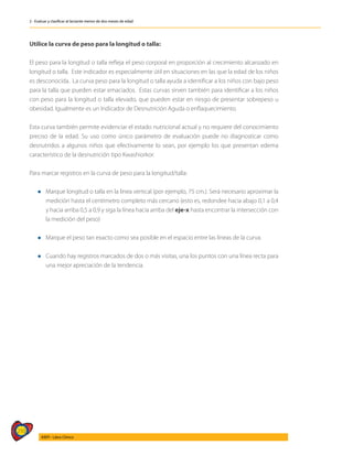 210
AIEPI - Libro Clínico
2 - Evaluar y clasificar al lactante menor de dos meses de edad
Utilice la curva de peso para la longitud o talla:
El peso para la longitud o talla refleja el peso corporal en proporción al crecimiento alcanzado en
longitud o talla. Este indicador es especialmente útil en situaciones en las que la edad de los niños
es desconocida. La curva peso para la longitud o talla ayuda a identificar a los niños con bajo peso
para la talla que pueden estar emaciados. Estas curvas sirven también para identificar a los niños
con peso para la longitud o talla elevado, que pueden estar en riesgo de presentar sobrepeso u
obesidad. Igualmente es un Indicador de Desnutrición Aguda o enflaquecimiento.
Esta curva también permite evidenciar el estado nutricional actual y no requiere del conocimiento
preciso de la edad. Su uso como único parámetro de evaluación puede no diagnosticar como
desnutridos a algunos niños que efectivamente lo sean, por ejemplo los que presentan edema
característico de la desnutrición tipo Kwashiorkor.
Para marcar registros en la curva de peso para la longitud/talla:
l	 Marque longitud o talla en la línea vertical (por ejemplo, 75 cm.). Será necesario aproximar la
medición hasta el centímetro completo más cercano (esto es, redondee hacia abajo 0,1 a 0,4
y hacia arriba 0,5 a 0,9 y siga la línea hacia arriba del eje-x hasta encontrar la intersección con
la medición del peso)
l	 Marque el peso tan exacto como sea posible en el espacio entre las líneas de la curva.
l	 Cuando hay registros marcados de dos o más visitas, una los puntos con una línea recta para
una mejor apreciación de la tendencia.
 