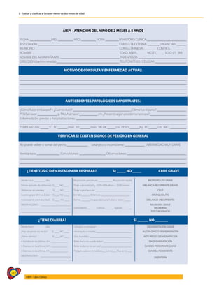 242
AIEPI - Libro Clínico
2 - Evaluar y clasificar al lactante menor de dos meses de edad
AIEPI - ATENCIÓN DEL NIÑO DE 2 MESES A 5 AÑOS
FECHA: _____________MES: _________ AÑO: _________ HORA: ________ N° HISTORIA CLÍNICA:________________________
INSTITUCIÓN: ________________________________________________ CONSULTA EXTERNA: _______ URGENCIAS: ______
MUNICIPIO: __________________________________________________ CONSULTA INICIAL: _______ CONTROL: _______
NOMBRE: ____________________________________________________ EDAD: AÑOS______ MESES_____ SEXO (F) (M)
NOMBRE DEL ACOMPAÑANTE: ____________________________________ PARENTESCO: _____________________________
DIRECCIÓN (barrio o vereda):______________________________________TELÉFONO FIJO / CELULAR: ___________________
MOTIVO DE CONSULTA Y ENFERMEDAD ACTUAL:
_____________________________________________________________________________________________________
_____________________________________________________________________________________________________
_____________________________________________________________________________________________________
_____________________________________________________________________________________________________
ANTECEDENTES PATOLÓGICOS IMPORTANTES:
¿Cómofueelembarazo?y¿Cuántoduró?___________________________________¿Cómofueelparto?__________________
PESOalnacer____________g. TALLAalnacer___________cm.¿Presentóalgúnproblemaneonatal?______________________
Enfermedades previas y hospitalizaciones: ___________________________________________________________________
_____________________________________________________________________________________________________
TEMPERATURA: _____ °C. FC:______/min. FR: ______/min. TALLA: _____cm. PESO: ______Kg. PC:_____ cm. IMC: __________
VERIFICAR SI EXISTEN SIGNOS DE PELIGRO EN GENERAL
No puede beber o tomar del pecho_____________ Letárgico o inconsciente: ____________ ENFERMEDAD MUY GRAVE
Vomita todo ______________ Convulsiones: ________________ Observaciones: ____________________________________
_____________________________________________________________________________________________________
_____________________________________________________________________________________________________
¿TIENE TOS O DIFICULTAD PARA RESPIRAR? SI _____ NO _____ CRUP GRAVE
Desde hace _________ días. Respiración por minuto ___________ Respiración rápida BRONQUIOLITIS GRAVE
Primer episodio de sibilancias: SI____ NO____ Tiraje subcostal SaO2 <92% (90% altura > 2.500 msnm) SIBILANCIA RECURRENTE (GRAVE)
Sibilancias recurrentes: SI____ NO ____ Tiraje supraclavicular _____________________________ CRUP
Cuadro gripal últimos 3 días SI____ NO ____ Estridor______ Sibilancias ______________________ BRONQUIOLITIS
Antecedente prematuridad: SI ____ NO ____ Apnea _______ Incapacidad para hablar o beber _____ SIBILANCIA (RECURRENTE)
OBSERVACIONES: _______________________
______________________________________
______________________________________
Somnoliento ______ Confuso ______ Agitado _______
NEUMONÍA GRAVE
NEUMONÍA
TOS O RESFRIADO
¿TIENE DIARREA? SI ______ NO _______
Desde hace _________ días. Letárgico o comatoso ____________________________ DESHIDRATACIÓN GRAVE
¿Hay sangre en las heces? SI ____ NO ____ Intranquilo o irritable ____________________________ ALGÚN GRADO DESHIDRATACIÓN
¿Tiene vómito? SI ____ NO ____ Ojos hundidos _________________________________ ALTO RIESGO DESHIDRATACIÓN
# Vómitos en las últimas 24 h _____________ Bebe mal o no puede beber ______________________ SIN DESHIDRATACIÓN
# Diarreas en las últimas 24 h _____________ Bebe ávidamente con sed ________________________ DIARREA PERSISTENTE GRAVE
# Diarreas en las últimas 4 h ______________ Pliegue cutáneo: Inmediato___ Lento___ Muy lento ___ DIARREA PERSISTENTE
OBSERVACIONES: ________________________
_______________________________________
DISENTERÍA
 