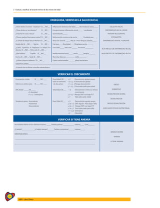 244
AIEPI - Libro Clínico
2 - Evaluar y clasificar al lactante menor de dos meses de edad
ENSEGUIDA, VERIFICAR LA SALUD BUCAL
¿Tiene dolor al comer - masticar? SI __ NO __ Inflamación dolorosa del labio____ No involucra surco_____ CELULITIS FACIAL
¿Tiene dolor en los dientes? SI __NO __ Enrojecimiento inflamación encía______ Localizado _____ ENFERMEDAD BUCAL GRAVE
¿Trauma en cara o boca? SI __NO __ Generalizado_____ TRAUMA BUCODENTAL
¿Tienen padres/hermanos caries? SI __NO __ Deformación contorno de encía_______ Exudado pus____ ESTOMATITIS
¿Cuándo le limpia boca? Mañana SI __NO __ Vesículas úlceras _____ Placas : encía lengua paladar_____ ENFERMEDAD DENTAL Y GINGIVAL
Medio día SI __NO ___ Noche SI __NO __ Fractura____ Movilidad____ Desplazamiento_______
¿Cómo supervisa la limpieza? le limpia los
dientes SI __NO __ Niño solo SI __NO __
Extrusión_____ Intrusión ______ Avulsión _________
ALTO RIESGO DE ENFERMEDAD BUCAL
¿Qué utiliza? Cepillo SI __NO __ Herida mucosa bucal_____ encía ______lengua_______ BAJO RIESGO DE ENFERMEDAD BUCAL
Crema SI __NO __ Seda SI __NO __ Manchas blancas__________ cafés________
¿Utiliza chupo o biberón ? SI __NO __ Caries cavitacionales _______placa bacteriana
OBSERVACIONES:___________________________________________________________________________
¿Cuándo fue la última consulta odontológica _____________________________________________________
VERIFICAR EL CRECIMIENTO
Emaciación visible SI ____ NO ____
Edema en ambos pies SI ____ NO ____
Peso/Edad: DE ___ <-3 Desnutrición global severa
(solo en menores <-2 a > -3 Desnutrición global
de dos años) <-1 a > -2 Riesgo desnutrición
<-1 a > -1 Peso adecuado para edad
OBESO
SOBREPESO
DESNUTRICIÓN SEVERA
DESNUTRICIÓN
RIESGO DESNUTRICIÓN
ADECUADO ESTADO NUTRICIONAL
IMC/Edad: _____ DE_____
>2 obesidad
>1 a < 2 sobrepeso
Talla/Edad: DE___ <-2 Desnutrición crónica o retraso
crecimiento
>-2 a >-1 Riesgo DNT con bajo P/T
>-1 Talla adecuada /edad
Tendencia peso: Ascendente
Horizontal
Descendente
Peso/Talla DE___ <-3 Desnutrición aguda severa
>-3a <-2 DNT Aguda - Peso bajo/ Talla
>-2a <-1 Riesgo DNT con bajo P/T
>-1a < 1 Peso adecuado para talla
<-1 a <2 Sobrepeso
< 2 Obesidad
VERIFICAR SI TIENE ANEMIA
Ha recibido hierro en los últimos 6 meses: _____ Palidez palmar ____________ Intensa____ Leve_______
¿Cuándo?______________¿Cuánto tiempo?_______Palidez conjuntival ______ Intensa_____
OBSERVACIONES: _________________________________________________________________________
________________________________________________________________________________________
________________________________________________________________________________________
ANEMIA SEVERA
ANEMIA
O TIENE ANEMIA
 