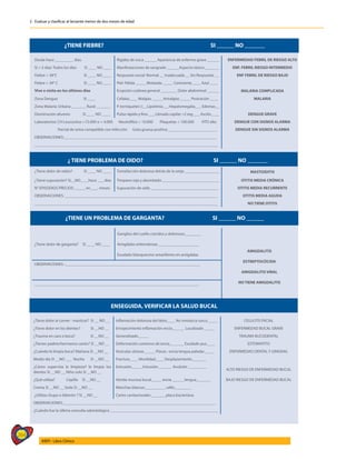 264
AIEPI - Libro Clínico
2 - Evaluar y clasificar al lactante menor de dos meses de edad
¿TIENE FIEBRE? SI ______ NO _______
Desde hace _________ días. Rigidez de nuca ______ Apariencia de enfermo grave ______ ENFERMEDAD FEBRIL DE RIESGO ALTO
Si > 5 días: Todos los días SI ____ NO ____ Manifestaciones de sangrado ______Aspecto tóxico _______ ENF. FEBRIL RIESGO INTERMEDIO
Fiebre > 38°C SI ____ NO ____ Respuesta social: Normal __ Inadecuada __ Sin Respuesta __ ENF FEBRIL DE RIESGO BAJO
Fiebre > 39° C SI ____ NO ____ Piel: Pálida _____ Moteada _____ Cenicienta ____ Azul ____
Vive o visita en los últimos días Erupción cutánea general ________ Dolor abdominal ______ MALARIA COMPLICADA
Zona Dengue SI ____ Cefalea____ Malgias _____ Artralgias _____ Postración ____ MALARIA
Zona Malaria: Urbana _______ Rural _______ P. torniquete(+)__Lipotimia___Hepatomegalia___ Edemas__
Disminución afuresis: SI ____ NO ____ Pulso rápido y fino ___ Llenado capilar >2 seg ___ Ascitis____ DENGUE GRAVE
Laboratorios: CH Leucocitos >15.000 o < 4.000 Neutrófilos > 10.000 Plaquetas < 100.000 HTO alto DENGUE CON SIGNOS ALARMA
Parcial de orina compatible con infección Gota gruesa positiva ________________________ DENGUE SIN SIGNOS ALARMA
OBSERVACIONES:___________________________________________________________________________
__________________________________________________________________________________________
¿ TIENE PROBLEMA DE OIDO? SI ______ NO _______
¿Tiene dolor de oídos? SI ____ NO ____ Tumefacción dolorosa detrás de la oreja _________________ MASTOIDITIS
¿Tiene supuración? SI__NO____hace ___ días Tímpano rojo y abombado ____________________________ OTITIS MEDIA CRÓNICA
N° EPISODIOS PRECIOS: _____ en____ meses Supuración de oido _________________________________ OTITIS MEDIA RECURRENTE
OBSERVACIONES: ___________________________________________________________________________ OTITIS MEDIA AGUDA
__________________________________________________________________________________________ NO TIENE OTITIS
¿TIENE UN PROBLEMA DE GARGANTA? SI ______ NO ______
¿Tiene dolor de garganta? SI ____ NO ____
Ganglios del cuello crecidos y dolorosos________
Amigdalas eritematosas ____________________
Exudado blanquecino-amarillento en amígdalas
AMIGDALITIS
ESTREPTOCÓCIDA
AMIGDALITIS VIRAL
NO TIENE AMIGDALITIS
OBSERVACIONES: :__________________________________________________________________
_________________________________________________________________________________
ENSEGUIDA, VERIFICAR LA SALUD BUCAL
¿Tiene dolor al comer - masticar? SI __ NO __ Inflamación dolorosa del labio____ No involucra surco_____ CELULITIS FACIAL
¿Tiene dolor en los dientes? SI __NO __ Enrojecimiento inflamación encía______ Localizado _____ ENFERMEDAD BUCAL GRAVE
¿Trauma en cara o boca? SI __NO __ Generalizado_____ TRAUMA BUCODENTAL
¿Tienen padres/hermanos caries? SI __NO __ Deformación contorno de encía_______ Exudado pus____ ESTOMATITIS
¿Cuándo le limpia boca? Mañana SI __NO __ Vesículas úlceras _____ Placas : encía lengua paladar_____ ENFERMEDAD DENTAL Y GINGIVAL
Medio día SI __NO ___ Noche SI __NO __ Fractura____ Movilidad____ Desplazamiento_______
¿Cómo supervisa la limpieza? le limpia los
dientes SI __NO __ Niño solo SI __NO __
Extrusión_____ Intrusión ______ Avulsión _________
ALTO RIESGO DE ENFERMEDAD BUCAL
¿Qué utiliza? Cepillo SI __NO __ Herida mucosa bucal_____ encía ______lengua_______ BAJO RIESGO DE ENFERMEDAD BUCAL
Crema SI __NO __ Seda SI __NO __ Manchas blancas__________ cafés________
¿Utiliza chupo o biberón ? SI __NO __ Caries cavitacionales _______placa bacteriana
OBSERVACIONES:___________________________________________________________________________
¿Cuándo fue la última consulta odontológica _____________________________________________________
 