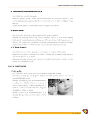 273
AIEPI - Libro Clínico
2 - Evaluar y clasificar al lactante menor de dos meses de edad
1
1 Transfiere objetos entre una mano y otra
	
	 Posición del niño: con el niño sentado.
	 Dele un cubo para agarrar. Observe si el niño lo transfiere de una mano a la otra. En caso
contrario, ofrezca otro cubo extendiendo su mano en dirección de la línea media del niño y
observe.
	 Respuesta adecuada: el niño transfiere el primer cubo para la otra mano.
1
1 Duplica sílabas
	 Posición del niño: sentado en una colchoneta o en la falda del cuidador.
	 Observe si el niño dice “papa”, “dada”, “mama”, durante la consulta. Si no lo hiciera, intente
hablar con él o diga el cuidador que hable con él. En caso de que no lo haga, pregunte el
cuidador si lo hace en casa. Las palabras no precisan necesariamente tener algún significado.
	 Respuesta adecuada: el niño duplica sílabas o el cuidador le menciona que lo hace.
1
1 Se sienta sin apoyo
	
	 Posición del niño: pare al niño apoyado en un mueble o en una pierna del cuidador.
	 Entréguele un sonajero o una taza en las manos y verifique si se sienta y consigue quedarse
sentado sin apoyarse en las manos.
	 Respuesta adecuada: niño consigue mantenerse sentado manteniendo un objeto con las
manos, sin cualquier otro apoyo.
DOCE A QUINCE MESES
1
1 Imita gestos
	 Posición del niño: sentado o en una colchoneta o en el regazo del cuidador.
	 Pregunte el cuidador qué tipo de gestos ella hace a su niño. Ejemplo: aplaudir, tirar besos o
decir adiós (bye bye, chao).
	 Frente al niño haga algunos de esos movimientos
y verifique si el niño lo imita. En el caso que el
niño no quiera hacerlo, pídale el cuidador que lo
estimule. Si incluso así el niño no lo hace, pregunte
el cuidador si lo hace en la casa.
	 Respuesta adecuada: el niño imita el gesto. Si el
cuidador dice que lo hace en casa, registre pero no
compute.
 