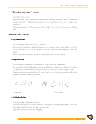 281
AIEPI - Libro Clínico
2 - Evaluar y clasificar al lactante menor de dos meses de edad
1
1 Se para en cada pie por 1 segundo
	 Posición de niño: de pies
	 Muestre al niño cómo pararse en un solo pie, sin apoyarse en ningún objeto. Demuestre
hasta tres tentativas. Pida luego que repita el mismo procedimiento con uno y otro pie (tres
tentativas).
	 Respuesta adecuada: el niño permanece sobre un pie por lo menos un segundo en ambos
pies.
4 AÑOS A 4 AÑOS 6 MESES
1
1 Aparea colores
	
	 Posición del niño: frente a una mesa y a los cubos.
	 Ofrezca al niño todos los cubos y solicite que junte los que se parecen, sin inducir un criterio
de clasificación “rojo con rojo”. Ej.: “¿Puedes colocar los cubos que se parecen uno al lado del
otro?”.
	 Realización adecuada: el niño aparea los cubos por colores, uno o más pares.
1
1 Copia círculos
	 Posición del niño: sentado en una mesa. En un nivel confortable para escribir.
	 Dé una hoja de papel en blanco y un lápiz al niño. Muestre el dibujo de un círculo. No nombre
la figura ni dibuje la misma para demostrarle. Solicite al niño que copie o dibuje la figura.
	 Respuesta adecuada: cualquier forma de aproximación con un círculo, que esté cerrada o casi
cerrada. Considerar fallo si hay espirales.
	 Adecuada						 No adecuada
1
1 Habla inteligible
	 Posición del niño: en cualquier posición.
	 Durante la situación de examen, observe o escuche la inteligibilidad del habla del niño
(articulación y verbalización de ideas en secuencias).
	 Respuesta adecuada: tiene habla inteligible.
 