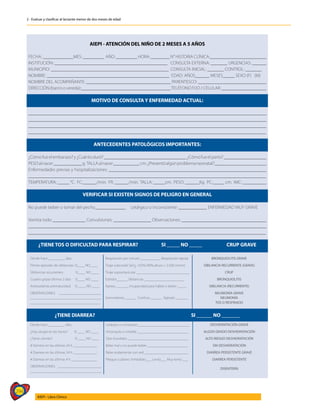 294
AIEPI - Libro Clínico
2 - Evaluar y clasificar al lactante menor de dos meses de edad
AIEPI - ATENCIÓN DEL NIÑO DE 2 MESES A 5 AÑOS
FECHA: _____________MES: _________ AÑO: _________ HORA: ________ N° HISTORIA CLÍNICA:________________________
INSTITUCIÓN: ________________________________________________ CONSULTA EXTERNA: _______ URGENCIAS: ______
MUNICIPIO: __________________________________________________ CONSULTA INICIAL: _______ CONTROL: _______
NOMBRE: ____________________________________________________ EDAD: AÑOS______ MESES_____ SEXO (F) (M)
NOMBRE DEL ACOMPAÑANTE: ____________________________________ PARENTESCO: _____________________________
DIRECCIÓN (barrio o vereda):______________________________________TELÉFONO FIJO / CELULAR: ___________________
MOTIVO DE CONSULTA Y ENFERMEDAD ACTUAL:
_____________________________________________________________________________________________________
_____________________________________________________________________________________________________
_____________________________________________________________________________________________________
_____________________________________________________________________________________________________
ANTECEDENTES PATOLÓGICOS IMPORTANTES:
¿Cómofueelembarazo?y¿Cuántoduró?___________________________________¿Cómofueelparto?__________________
PESOalnacer____________g. TALLAalnacer___________cm.¿Presentóalgúnproblemaneonatal?______________________
Enfermedades previas y hospitalizaciones: ___________________________________________________________________
_____________________________________________________________________________________________________
TEMPERATURA: _____ °C. FC:______/min. FR: ______/min. TALLA: _____cm. PESO: ______Kg. PC:_____ cm. IMC: __________
VERIFICAR SI EXISTEN SIGNOS DE PELIGRO EN GENERAL
No puede beber o tomar del pecho_____________ Letárgico o inconsciente: ____________ ENFERMEDAD MUY GRAVE
Vomita todo ______________ Convulsiones: ________________ Observaciones: ____________________________________
_____________________________________________________________________________________________________
_____________________________________________________________________________________________________
¿TIENE TOS O DIFICULTAD PARA RESPIRAR? SI _____ NO _____ CRUP GRAVE
Desde hace _________ días. Respiración por minuto ___________ Respiración rápida BRONQUIOLITIS GRAVE
Primer episodio de sibilancias: SI____ NO____ Tiraje subcostal SaO2 <92% (90% altura > 2.500 msnm) SIBILANCIA RECURRENTE (GRAVE)
Sibilancias recurrentes: SI____ NO ____ Tiraje supraclavicular _____________________________ CRUP
Cuadro gripal últimos 3 días SI____ NO ____ Estridor______ Sibilancias ______________________ BRONQUIOLITIS
Antecedente prematuridad: SI ____ NO ____ Apnea _______ Incapacidad para hablar o beber _____ SIBILANCIA (RECURRENTE)
OBSERVACIONES: _______________________
______________________________________
______________________________________
Somnoliento ______ Confuso ______ Agitado _______
NEUMONÍA GRAVE
NEUMONÍA
TOS O RESFRIADO
¿TIENE DIARREA? SI ______ NO _______
Desde hace _________ días. Letárgico o comatoso ____________________________ DESHIDRATACIÓN GRAVE
¿Hay sangre en las heces? SI ____ NO ____ Intranquilo o irritable ____________________________ ALGÚN GRADO DESHIDRATACIÓN
¿Tiene vómito? SI ____ NO ____ Ojos hundidos _________________________________ ALTO RIESGO DESHIDRATACIÓN
# Vómitos en las últimas 24 h _____________ Bebe mal o no puede beber ______________________ SIN DESHIDRATACIÓN
# Diarreas en las últimas 24 h _____________ Bebe ávidamente con sed ________________________ DIARREA PERSISTENTE GRAVE
# Diarreas en las últimas 4 h ______________ Pliegue cutáneo: Inmediato___ Lento___ Muy lento ___ DIARREA PERSISTENTE
OBSERVACIONES: ________________________
_______________________________________
DISENTERÍA
 