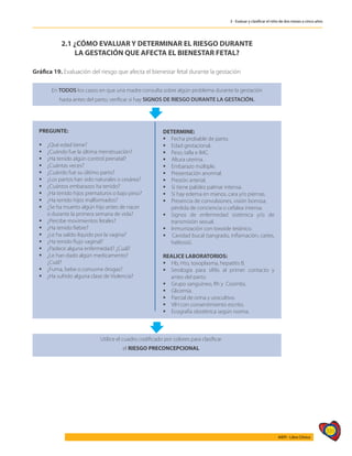 331
AIEPI - Libro Clínico
3 - Evaluar y clasificar el niño de dos meses a cinco años
En TODOS los casos en que una madre consulta sobre algún problema durante la gestación
hasta antes del parto, verificar si hay SIGNOS DE RIESGO DURANTE LA GESTACIÓN.
PREGUNTE:
	¿Qué edad tiene?
	¿Cuándo fue la última menstruación?
	¿Ha tenido algún control prenatal?
	¿Cuántas veces?
	¿Cuándo fue su último parto?
	¿Los partos han sido naturales o cesárea?
	¿Cuántos embarazos ha tenido?
	¿Ha tenido hijos prematuros o bajo peso?
	¿Ha tenido hijos malformados?
	¿Se ha muerto algún hijo antes de nacer
	 o durante la primera semana de vida?
	¿Percibe movimientos fetales?
	¿Ha tenido fiebre?
	¿Le ha salido líquido por la vagina?
	¿Ha tenido flujo vaginal?
	¿Padece alguna enfermedad? ¿Cuál?
	¿Le han dado algún medicamento?
	¿Cuál?
	¿Fuma, bebe o consume drogas?
	¿Ha sufrido alguna clase de Violencia?
DETERMINE:
 Fecha probable de parto.
 Edad gestacional.
 Peso, talla e IMC.
 Altura uterina.
 Embarazo múltiple.
 Presentación anormal.
 Presión arterial.
 Si tiene palidez palmar intensa.
 Si hay edema en manos, cara y/o piernas.
 Presencia de convulsiones, visión borrosa,
	 pérdida de conciencia o cefalea intensa.
	Signos de enfermedad sistémica y/o de
transmisión sexual.
 Inmunización con toxoide tetánico.
 Cavidad bucal (sangrado, inflamación, caries,
halitosis).
REALICE LABORATORIOS:
 Hb, Hto, toxoplasma, hepatitis B.
	Serología para sífilis al primer contacto y
antes del parto.
 Grupo sanguíneo, Rh y Coombs.
 Glicemia.
 Parcial de orina y urocultivo.
 VIH con consentimiento escrito.
 Ecografía obstétrica según norma.
Utilice el cuadro codificado por colores para clasificar
el RIESGO PRECONCEPCIONAL
2.1 ¿CÓMO EVALUAR Y DETERMINAR EL RIESGO DURANTE
LA GESTACIÓN QUE AFECTA EL BIENESTAR FETAL?
Gráfica 19. Evaluación del riesgo que afecta el bienestar fetal durante la gestación
 